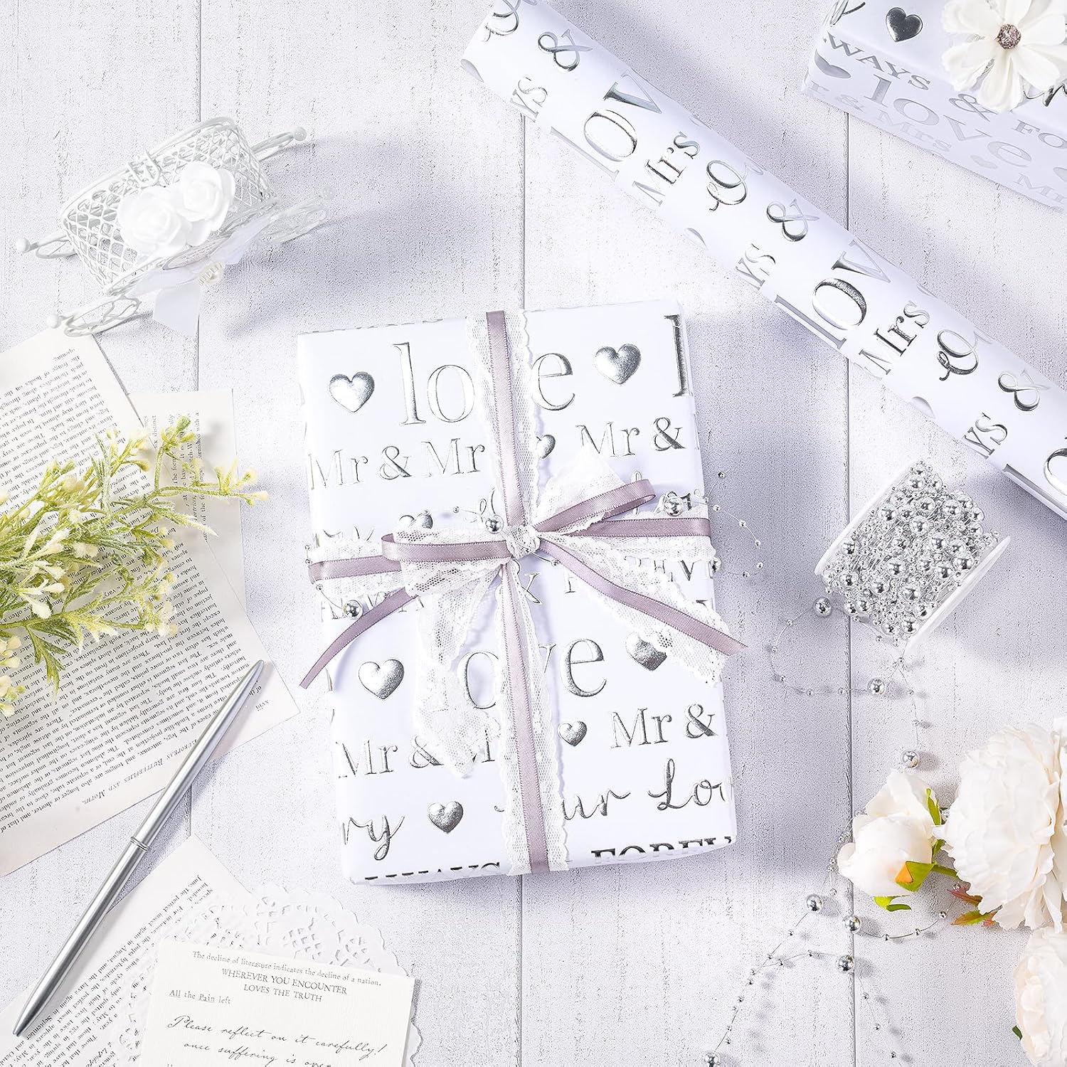 Wedding Wrapping Paper, Mini Roll, Silvery Gold Foil Love Design, Perfect For Wedding, Bridal Shower, Anniversary, Engagement, 17 Inches X 16.5 Feet