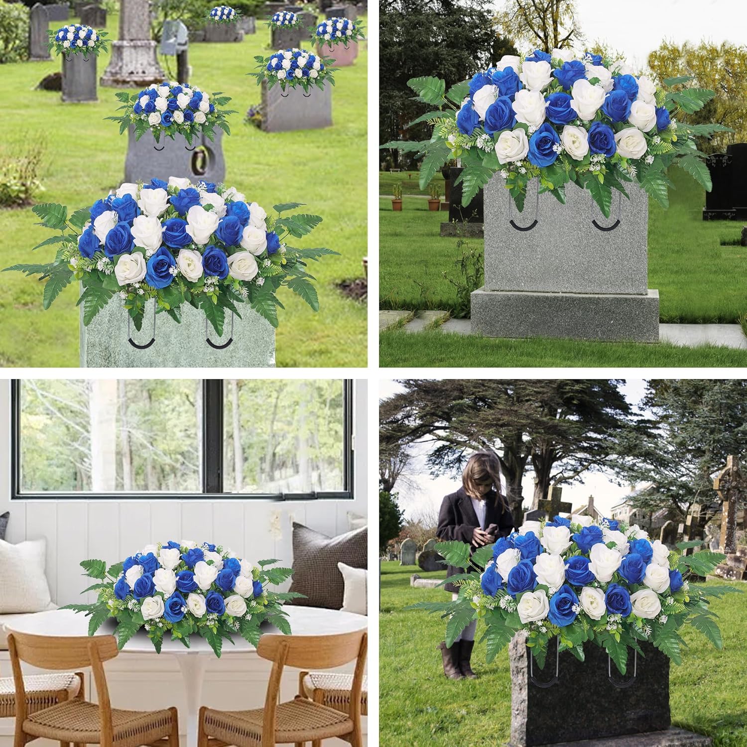Cemetery Headstone Flower Saddle,Artificial Cemetery Flower Saddles For Graves,Artificial Rose Cemetery Memorial Flowers For Outdoor Tombstone Headstone Decorations (Dark Blue)