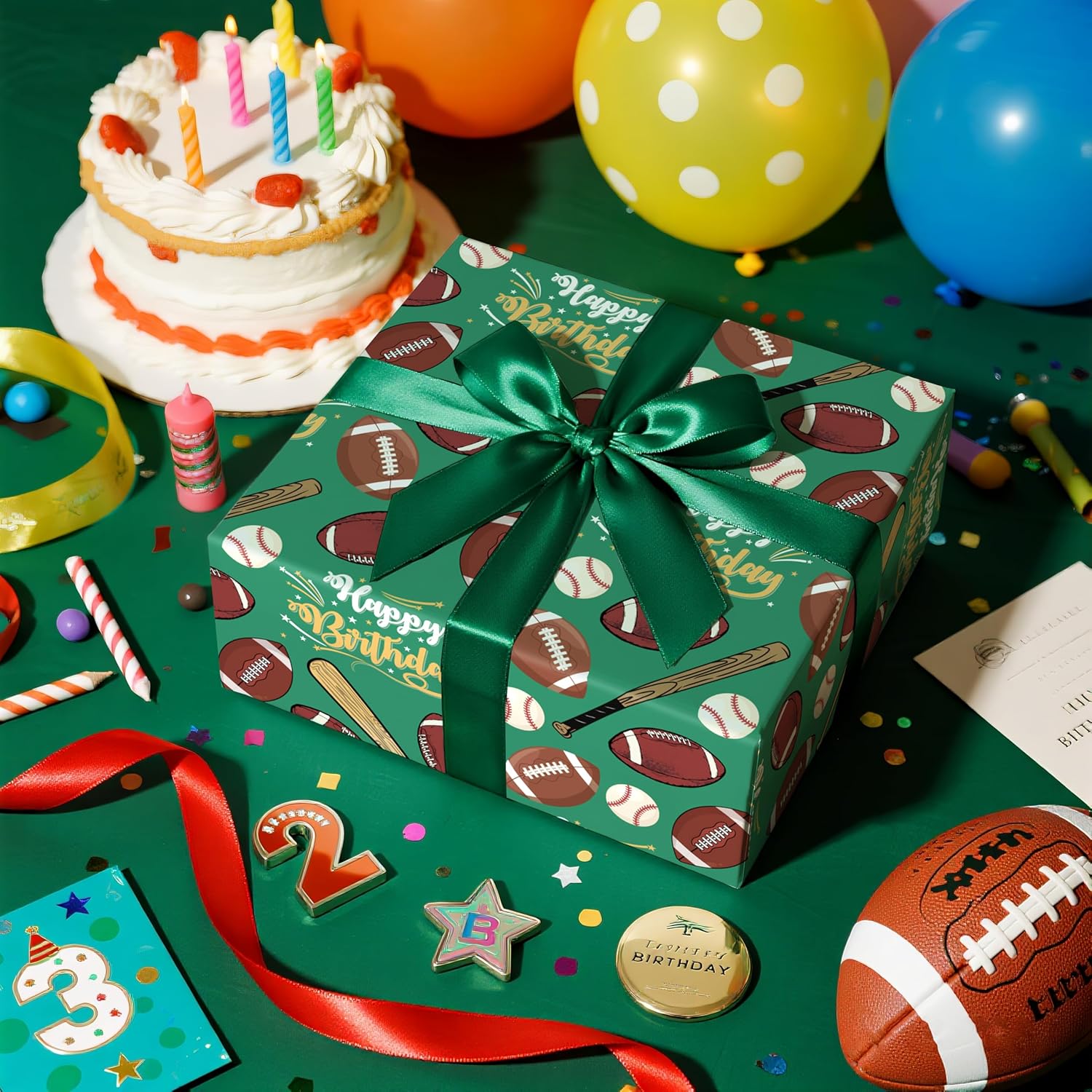 Sports Birthday Wrapping Paper Roll, Football & Baseball Gift Wrap With Happy Birthday Text In Green, Fun Sports Theme For Boys Kids Party Celebration, Mini Roll 17 Inches X 9.8 Feet