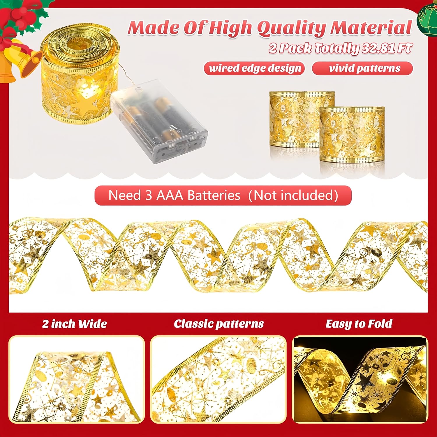2 Pack Gold Christmas Tree Decorations Christmas Wire Ribbon, Christmas Ribbon Bows String Lights Gold For Party Wedding