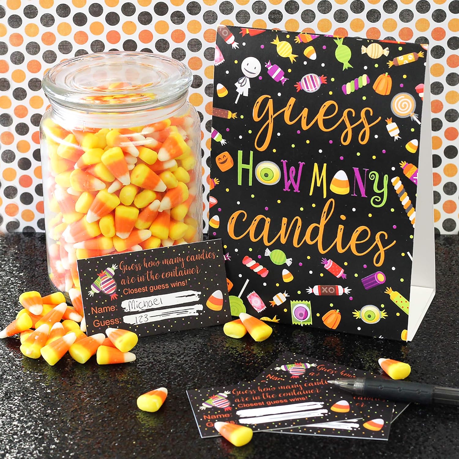 How Many Candies Halloween Party Guessing Game – How Many Candies Are In The Jar Game For Kids, Trick Or Treat Party, Fall Festival, Classroom Activity, Or Office Contest (1 Sign With 30 Cards)