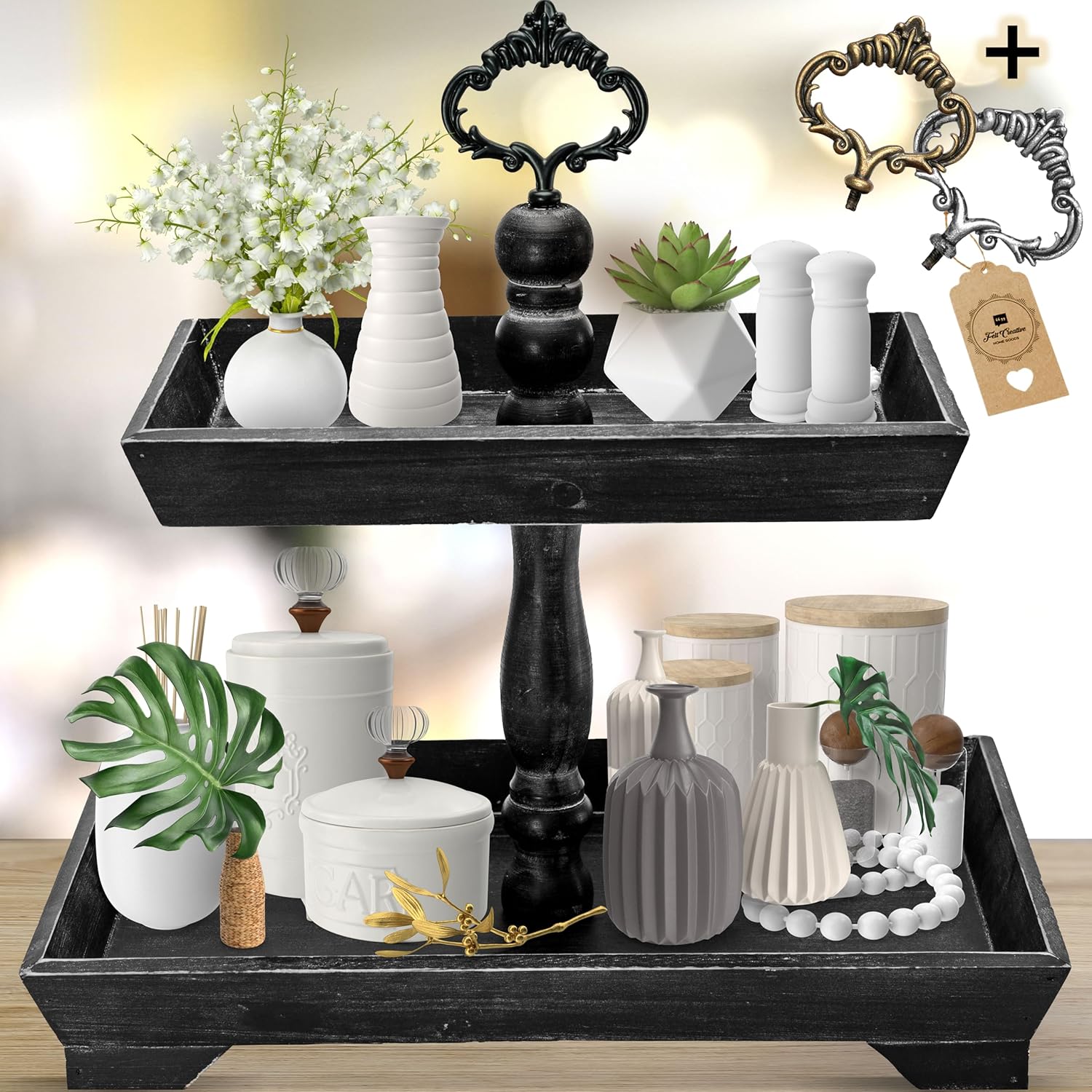 Rectangle Rustic Wood Two Tiered Tray, 2 Tier Serving Tray For Coffee Bar, Kitchen Counter, Dining Room Table, Cupcake Stand, Holiday And Farmhouse Decor (Rustic Black)