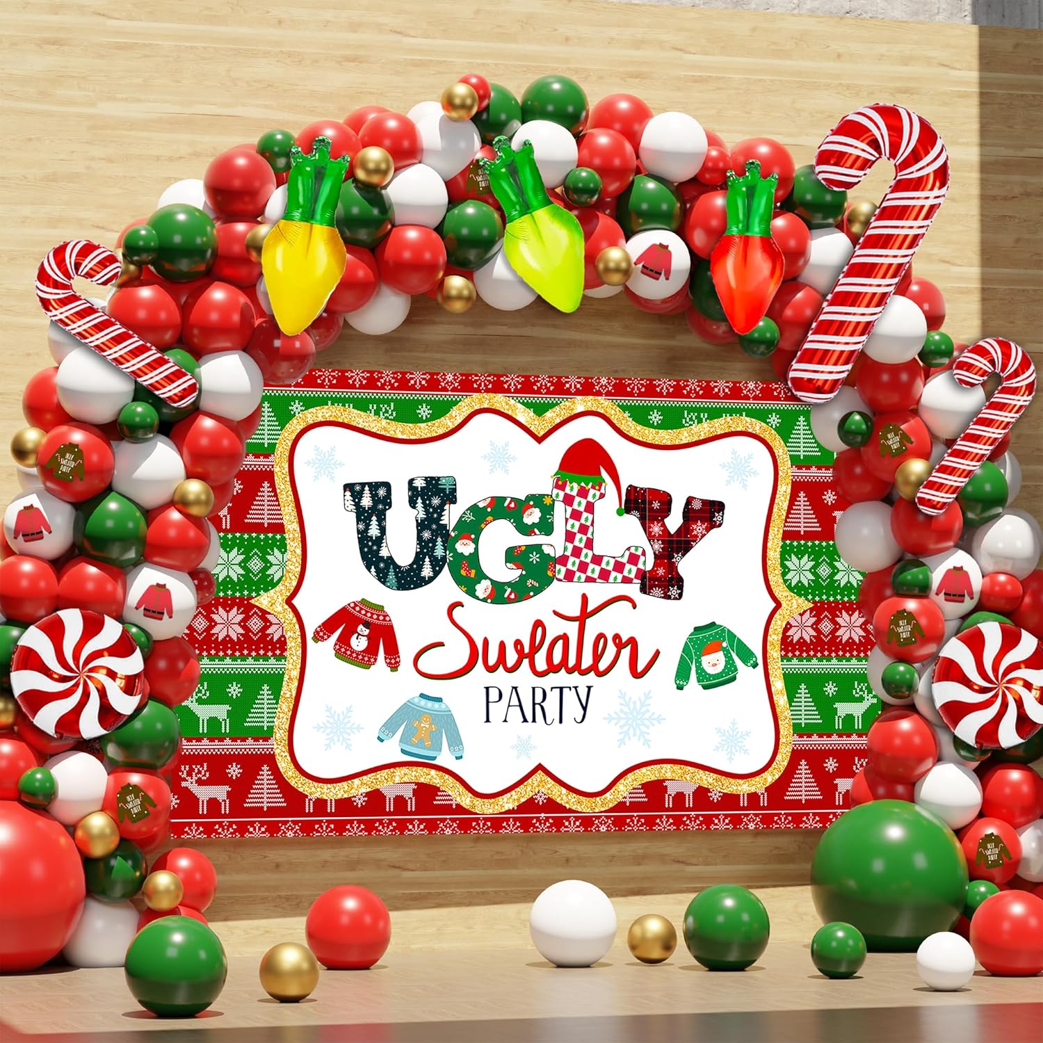 Ugly Sweater Party Supplies, 142Pcs Ugly Christmas Sweater Party Decorations Balloon Arch Kit, Green Red Gold White Balloons With Large Ugly Sweater Party Backdrop For Christmas Party Decorations