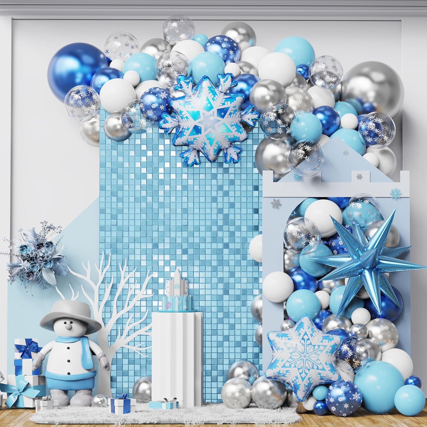Winter Balloon Garland Arch Kit With 142Pcs Blue Sliver Confetti Snowflake Foil Balloons For Winter Wonderland Christmas Baby Shower Snow Princess Froozen Birthday Party Supplies Decorations (Blue)