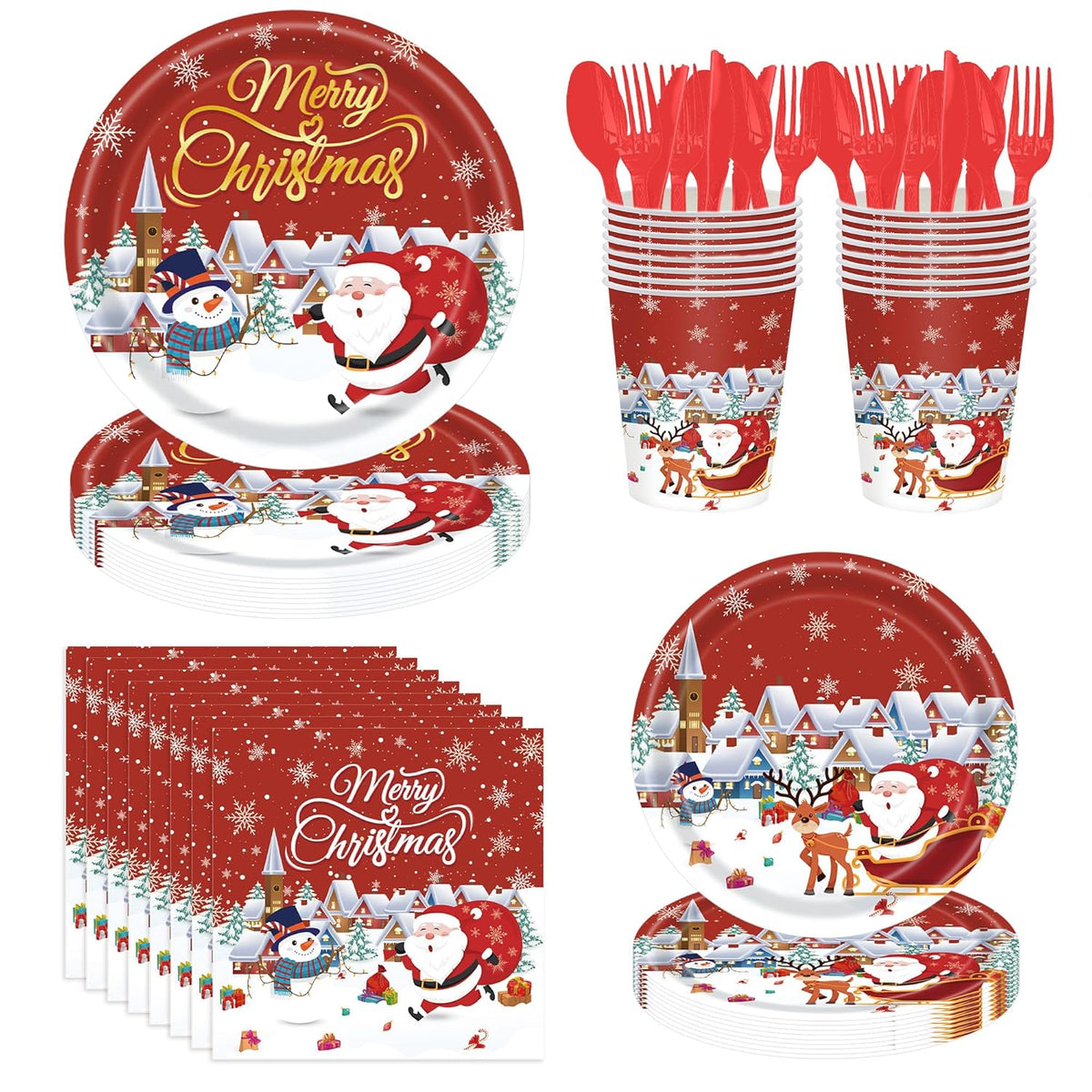 168 Pcs Merry Christmas Disposable Dinnerware Sets,Christmas Paper Plates And Cups Napkins Forks,Tablewares Christmas Paper Plates Heavy Duty,Christmas Xmas Party Supplies Decor,Serve 24