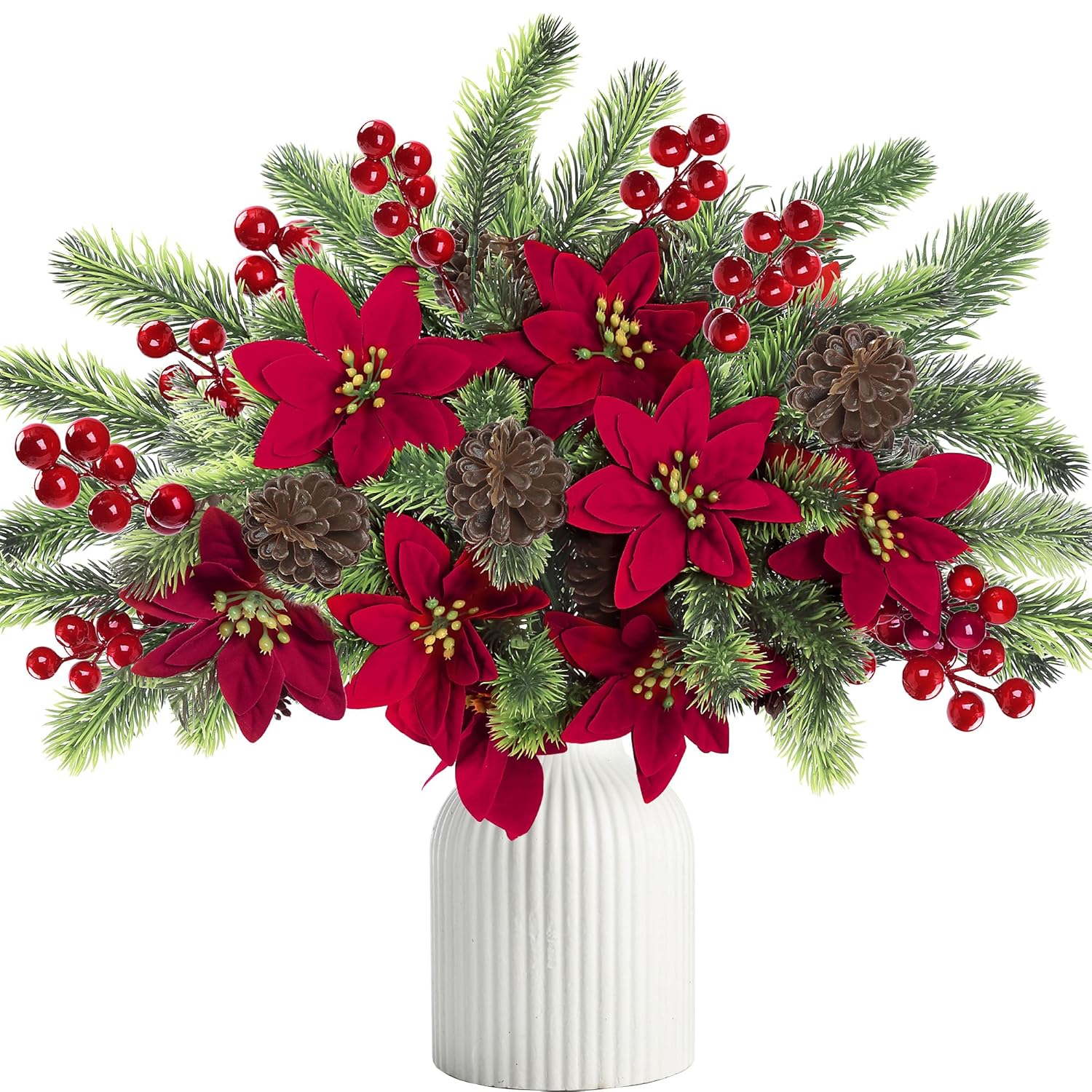 6Pcs Christmas Flowers Artificial Pine Branches Poinsettia Floral Picks 14’’ Red Berry Stems With Pinecones For Home Porch Garden Indoor Outdoor Holiday Xmas Decorations