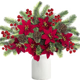 6Pcs Christmas Flowers Artificial Pine Branches Poinsettia Floral Picks 14’’ Red Berry Stems With Pinecones For Home Porch Garden Indoor Outdoor Holiday Xmas Decorations
