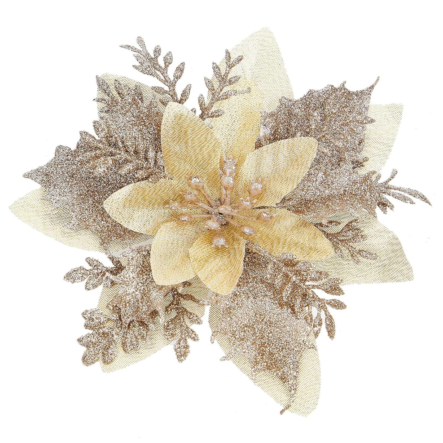 15Pcs Christmas Poinsettia Artificial Flowers Decorations, Glitter Poinsettia Christmas Tree Ornaments, Champagne Tree Flowers For Xmas/Holiday/Wreath/Garland Decor, With Cilps, 5.5 Inch