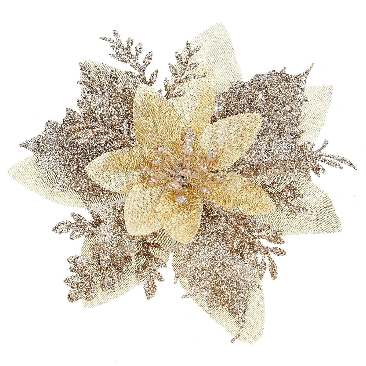 15Pcs Christmas Poinsettia Artificial Flowers Decorations, Glitter Poinsettia Christmas Tree Ornaments, Champagne Tree Flowers For Xmas/Holiday/Wreath/Garland Decor, With Cilps, 5.5 Inch
