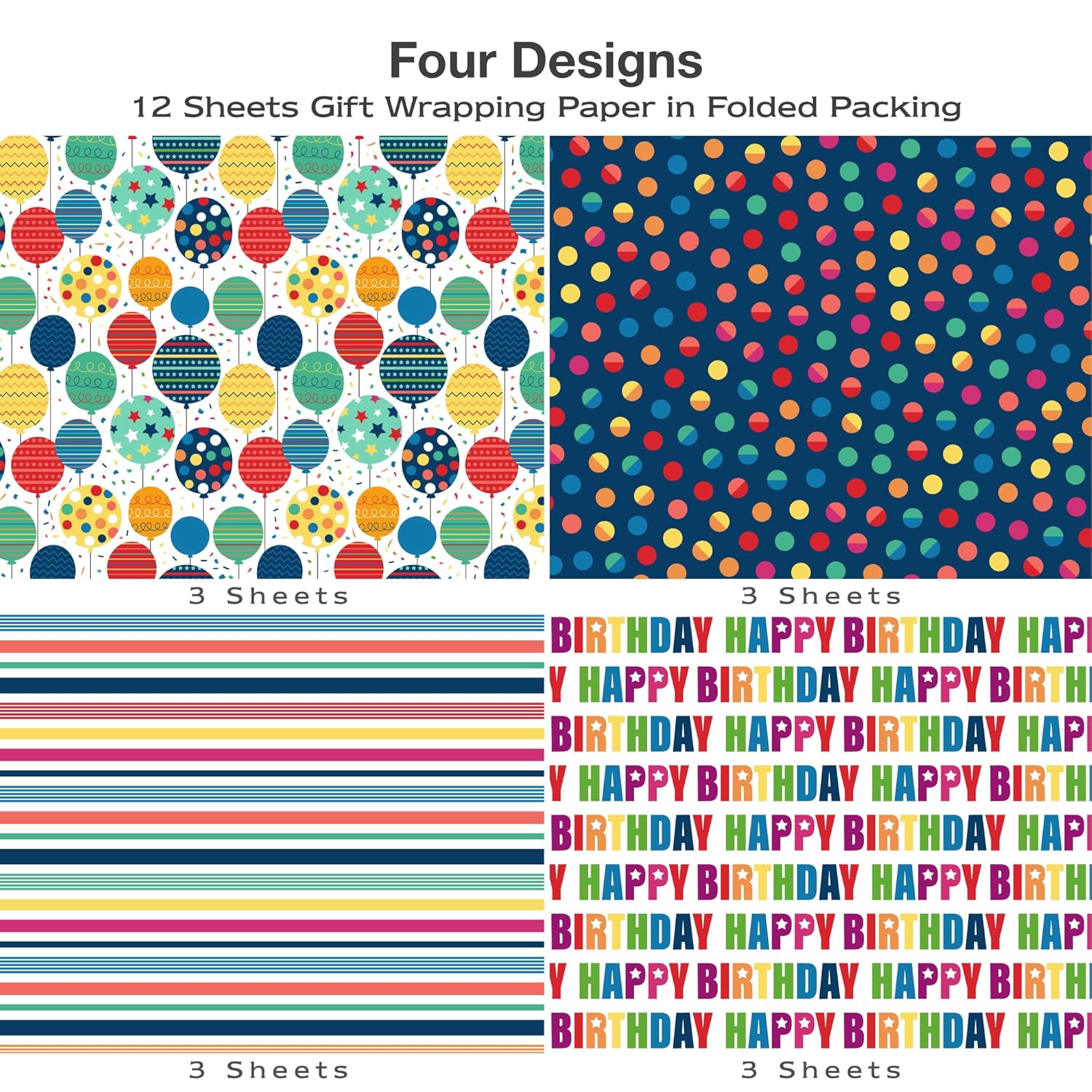 Birthday Wrapping Paper For Boys Girls Women Men,12 Sheets Gift Wrapping Paper With “Happy Birthday” Polka Dots, Balloons, Colorful Stripes - Holiday Gift Wrap 20×28 Inch