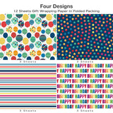 Birthday Wrapping Paper For Boys Girls Women Men,12 Sheets Gift Wrapping Paper With “Happy Birthday” Polka Dots, Balloons, Colorful Stripes - Holiday Gift Wrap 20×28 Inch