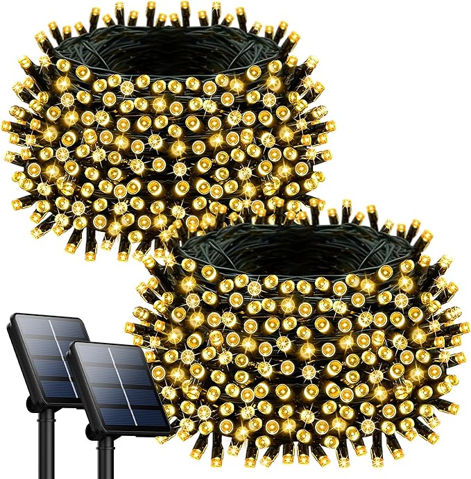 2 Pack 72FT Solar String Lights 200 LED Warm White IP65 Waterproof Outdoor Lights