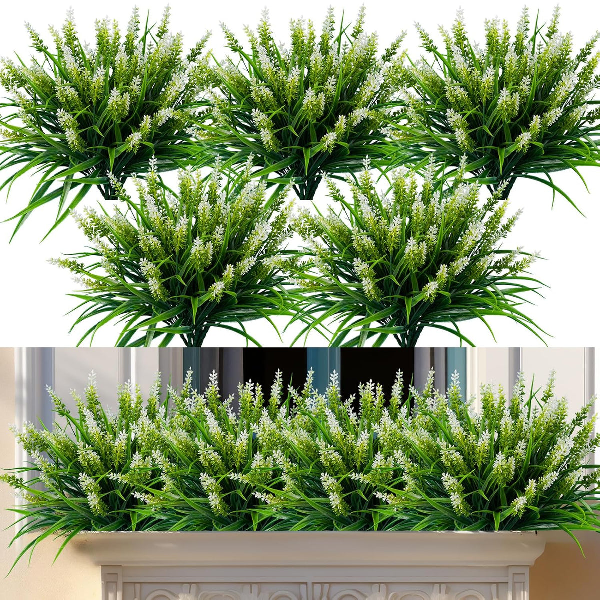 Artificial Flowers For Outdoor Plants 24 Bundles Fake Lavender Plastic Faux Monkey Grass For Verandah Window Garden Office Patio Front Porch Uv Resistant For Planter(White)