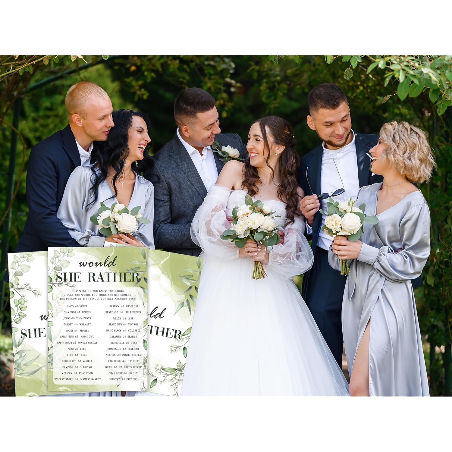 Greenery Bridal Shower Games, Funny Wedding Games Would She Rather Games For Guests, Couples Wedding Shower Game For Couples, Bridal Party Supplies, Engagement Party Game, 04