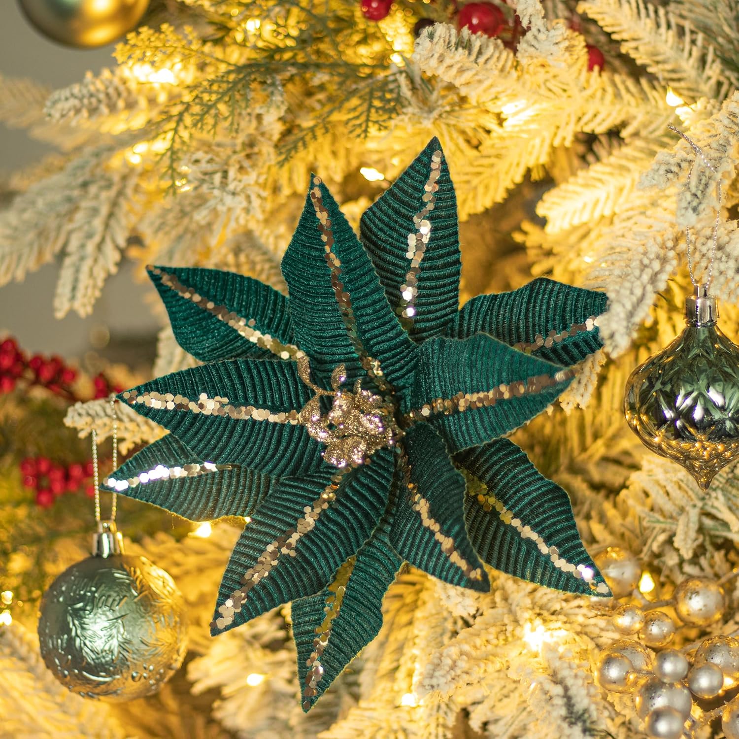Store Christmas Poinsettia Dark Teal Flower 6Pcs 8-Inch Artificial Flower Picks Spray For Christmas Tree Decoration Ornaments For Xmas Tree Wreath Garland