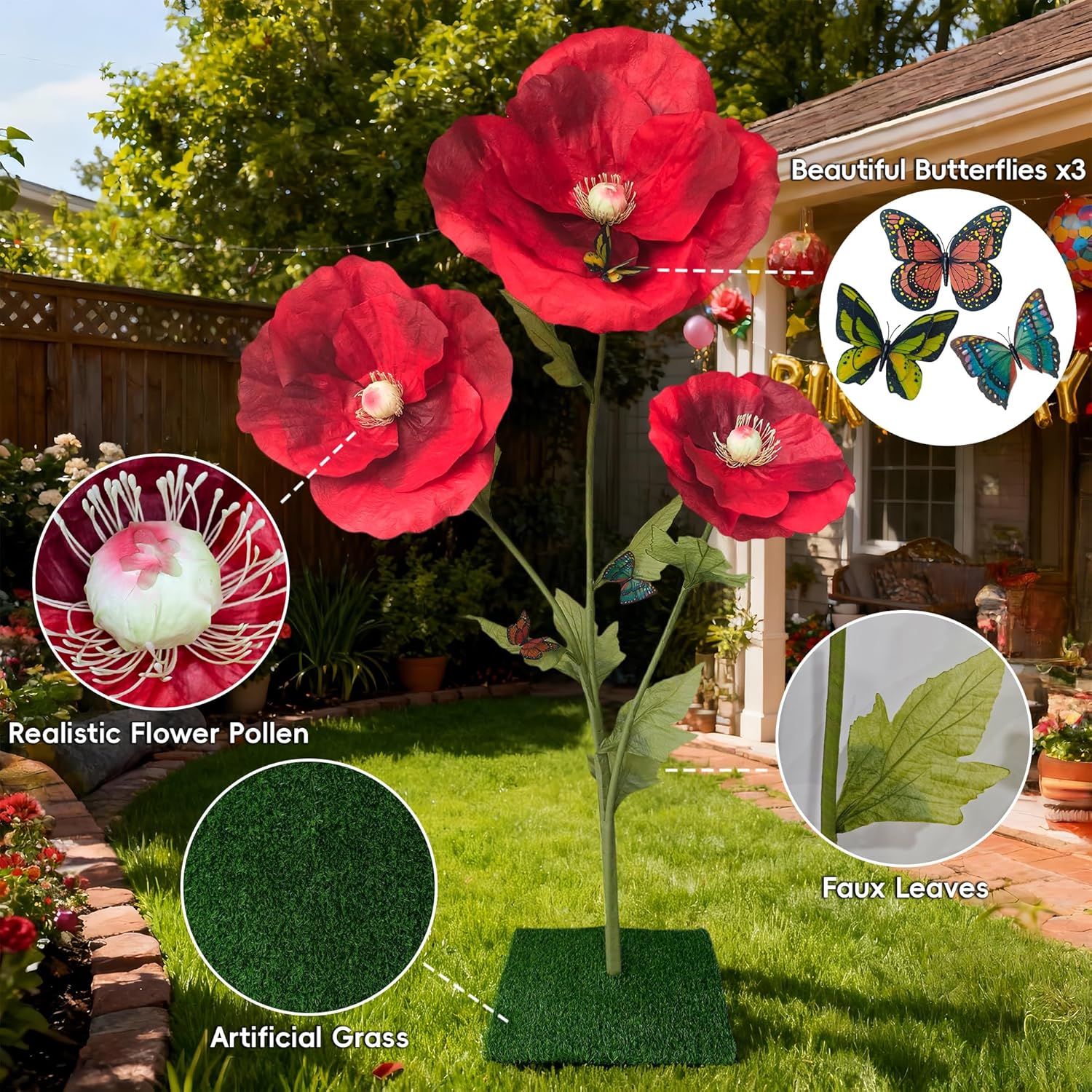 Giant Artificial Red Poppy Flowers - 6.5 Ft Giant Paper Flowers For Decoration With Stand,Large Standing Huge Fake Flower Outdoor Decor For Front Porch Garden Hotel Office Photography Props Wedding