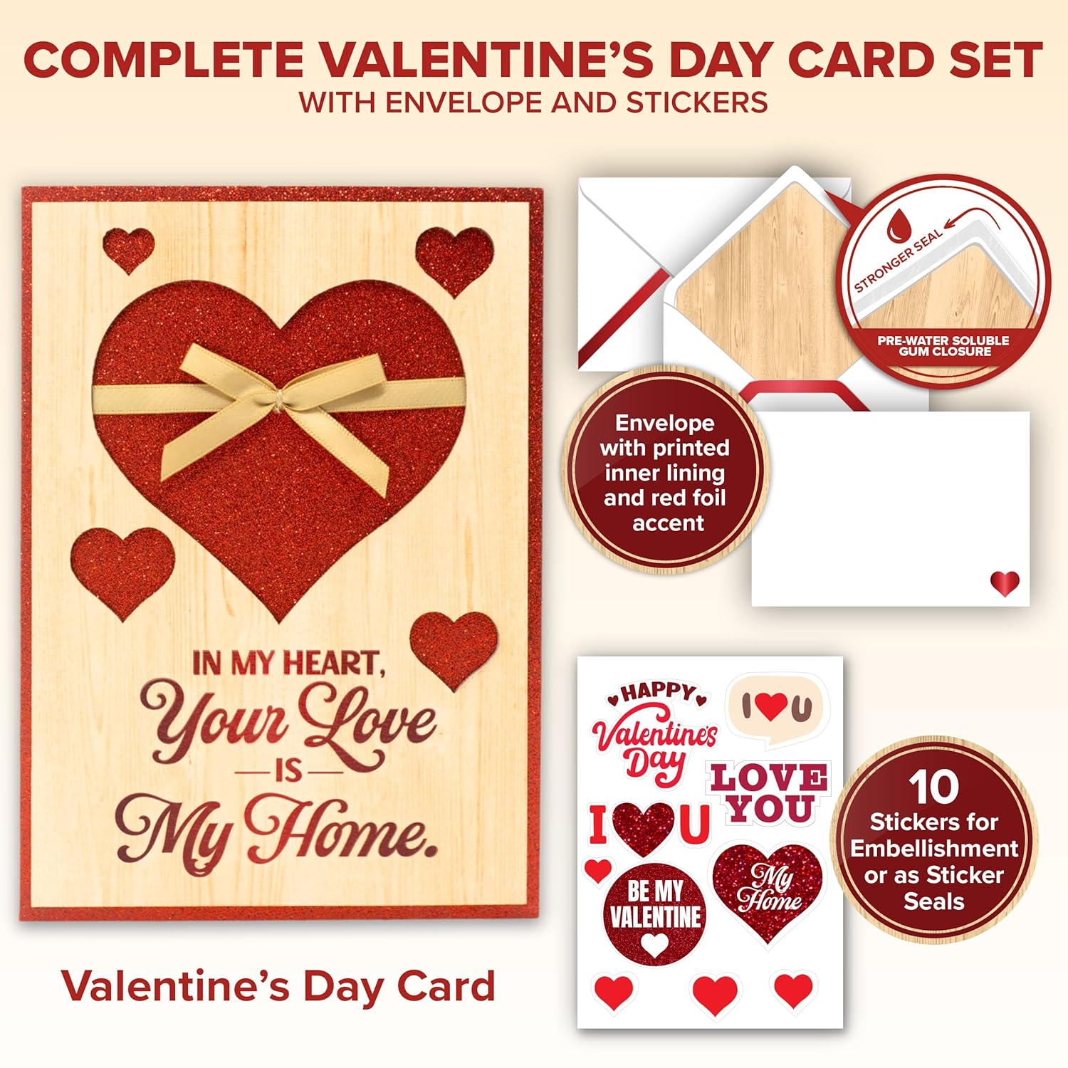 Glittery 5X7In Handmade Individual Wood Valentine Card For Husband Or Wife With Die-Cut Hearts & Ribbon, With Envelope & Stickers For Loved Ones, Printed Message Inside, Gifting & Mailing