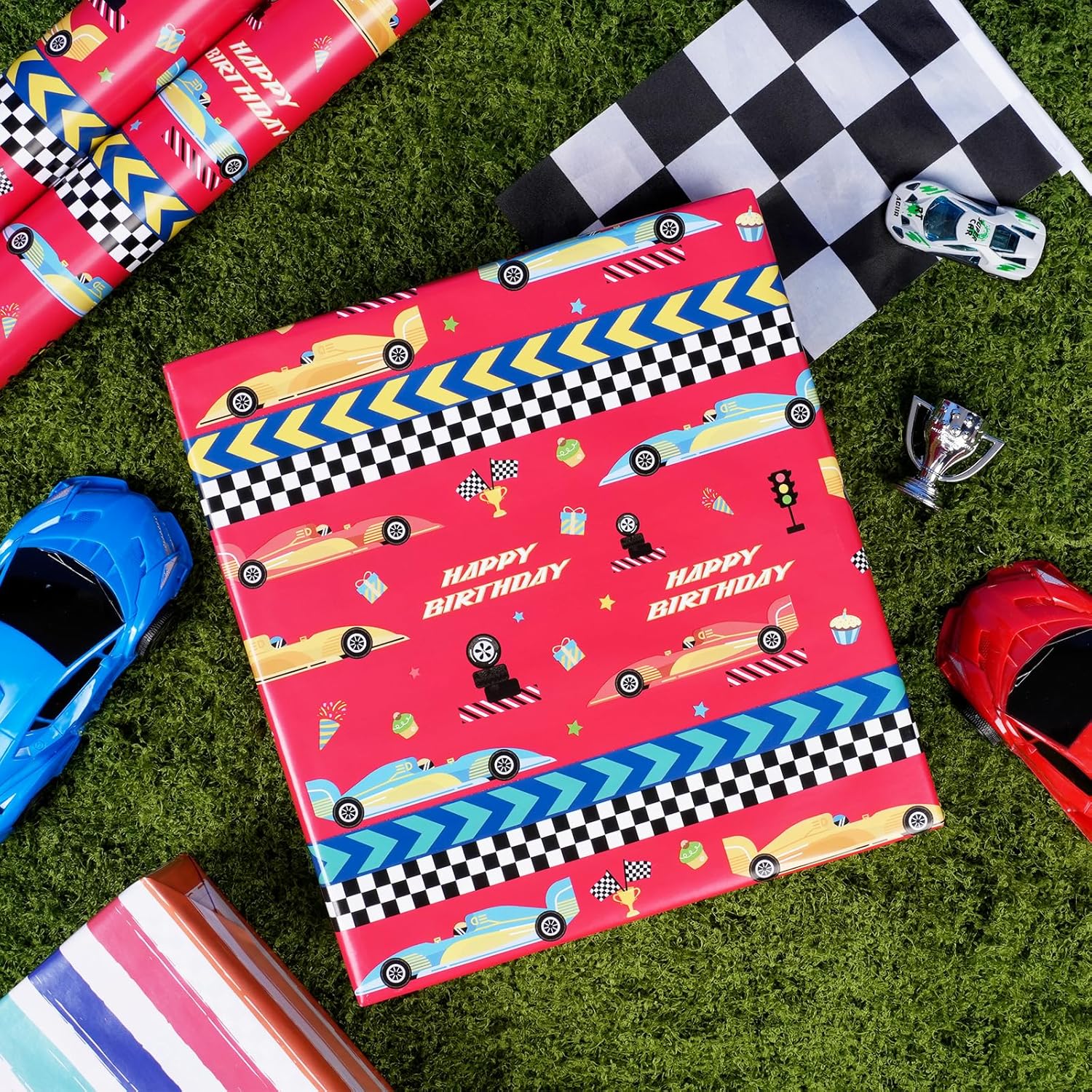 Reversible Race Car Wrapping Paper - 17 Inches X 33 Feet (47 Sq. Ft. Ttl.) - Racing Cars And Colorful Stripes Design For Birthday, Baby Shower, Party, Holiday, Boys Girls Kids
