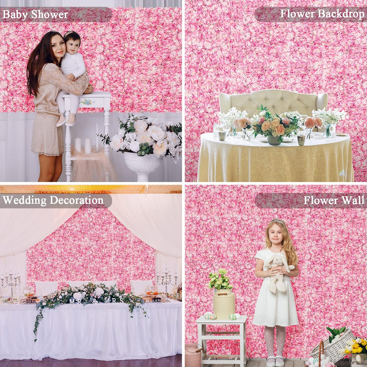 Flower Wall Panel Set, U'Artliens Artificial Wall Flower Backdrop 24X16 Inch 3D Silk Hydrangea Rose Floral Panel For Photo Background Home Party Wedding Backdrop Decoration (2Pcs, Pink)