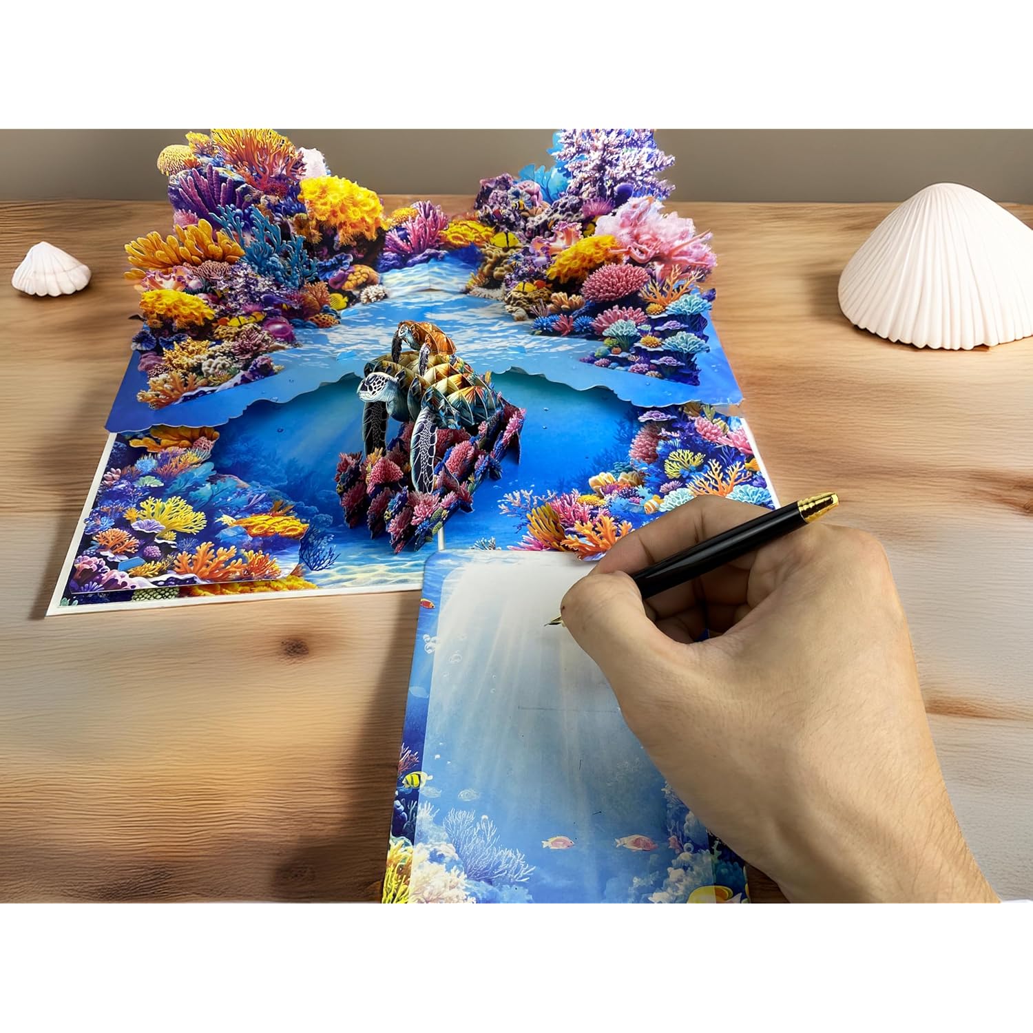 3D Pop Up Greeting Card – Handmade Sea Turtle With Baby Card – Ocean Coral Reef Scene – Mother & Baby Turtle 3D Card For Birthday, Retirement, Nature & Ocean Lovers