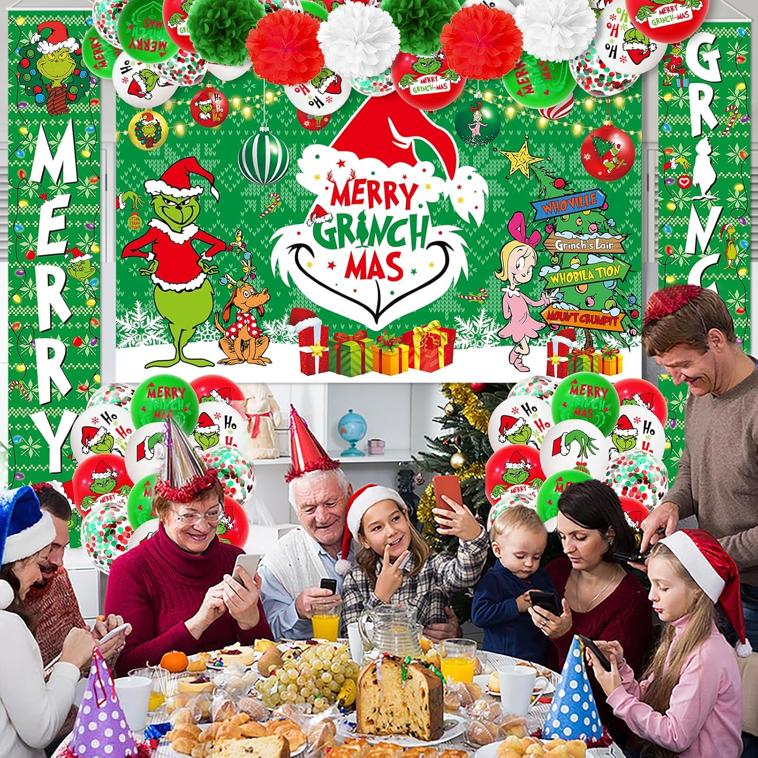 59Pcs Merry Christmas Decorations Backdrop Banner Porch Sign Hanging Outdoor Decorations Balloons For Party Supplies