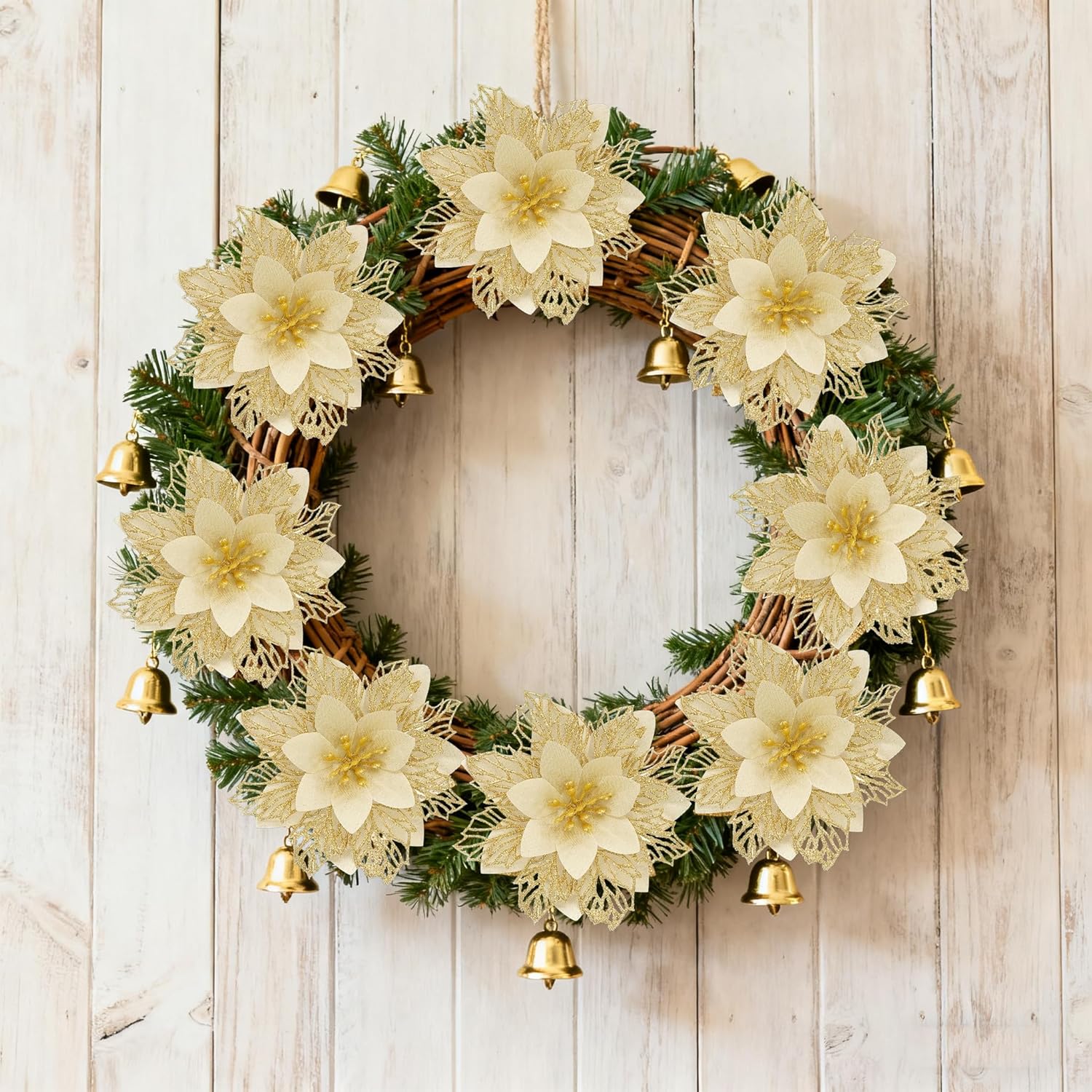 Poinsettia Flowers For Christmas Tree, 12 Pcs Glitter Christmas Flowers Artificial Poinsettia Flowers With Clips Stems Xmas Tree Ornaments For Christmas Party Wreath Decoration (Hollow Gold)