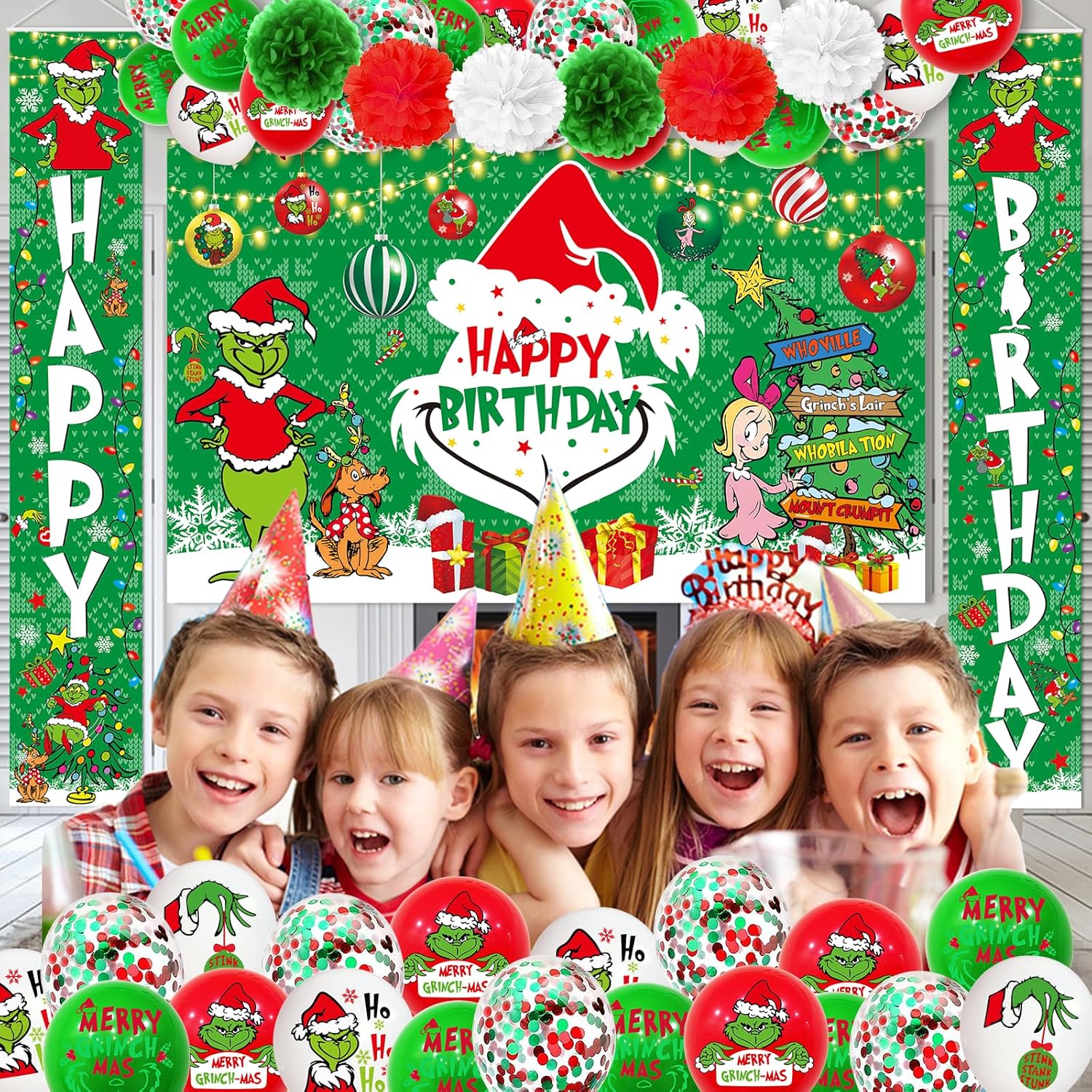 59Pcs Christmas Birthday Decorations - Happy Birthday Banner, Porch Sign, Door Backdrop, Outdoor Hanging Decor And Balloons For Party Supplies