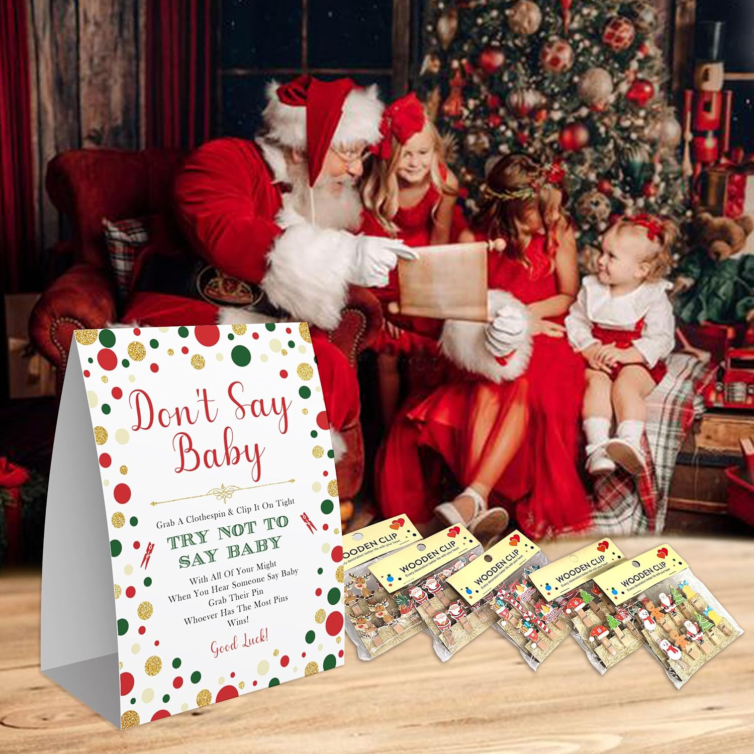 Don'T Say Baby Game,Christmas Games For Party, Christmas Baby Shower Game,Christmas Wooden Clothespins, Christmas Baby Shower Decorations-Dsbb10