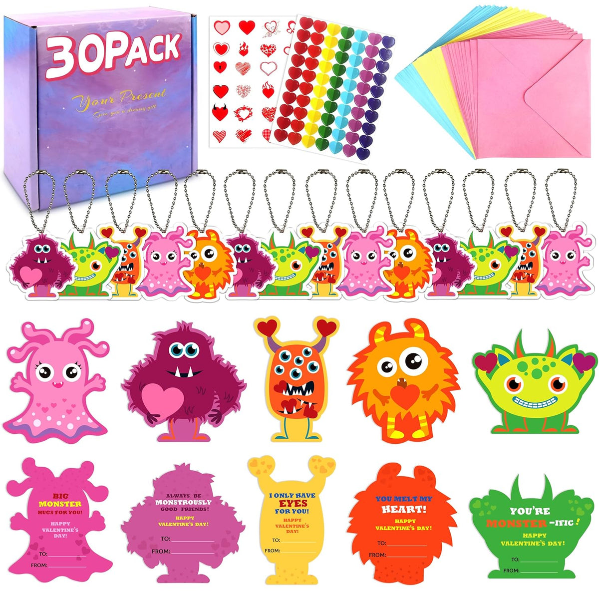 Valentines Cards For Kids, 30 Pack Monster Valentines Day Cards With Cute Monster Pendant Gifts & Envelopes - Exchange Gifts For School Classroom