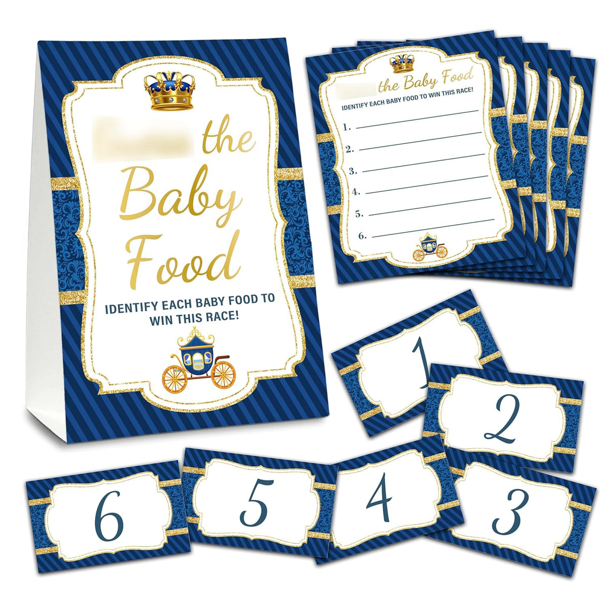 Find The Baby Food Party Games, Prince Baby Shower Game Set (1 Standing Sign + 20 Answer Cards + 6 Number Cards), Navy Blue And Gold Name The Baby Food Game, Baby Shower Favors Decorations(01)