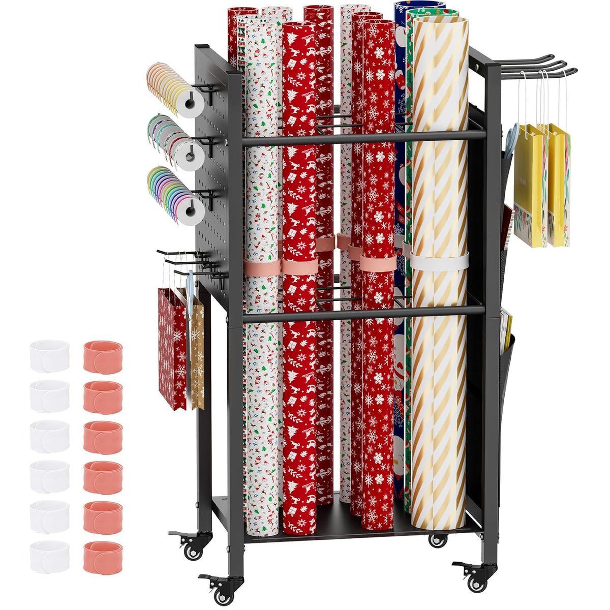 Wrapping Paper Organizer Storage With Wheels, Gift Wrap Storage Station With Ribbon And Gift Bag Storage, Rolling Craft Storage Cart With 12Pcs Slap Bands, Christmas Decor, Black
