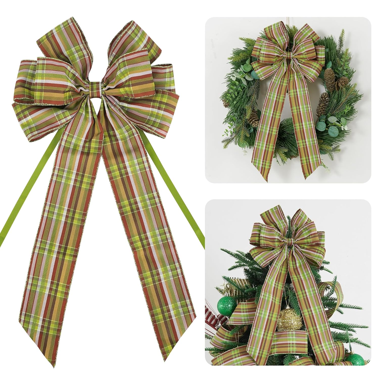 Christmas Tree Bows 10×20'' Fall Plaid Bows For Gift Wrapping Green Wreath Bows With Wire Edge Premade Gift Bows For Craft Present Fireplace Holiday Christmas Autumn Decorations, 2 Pcs