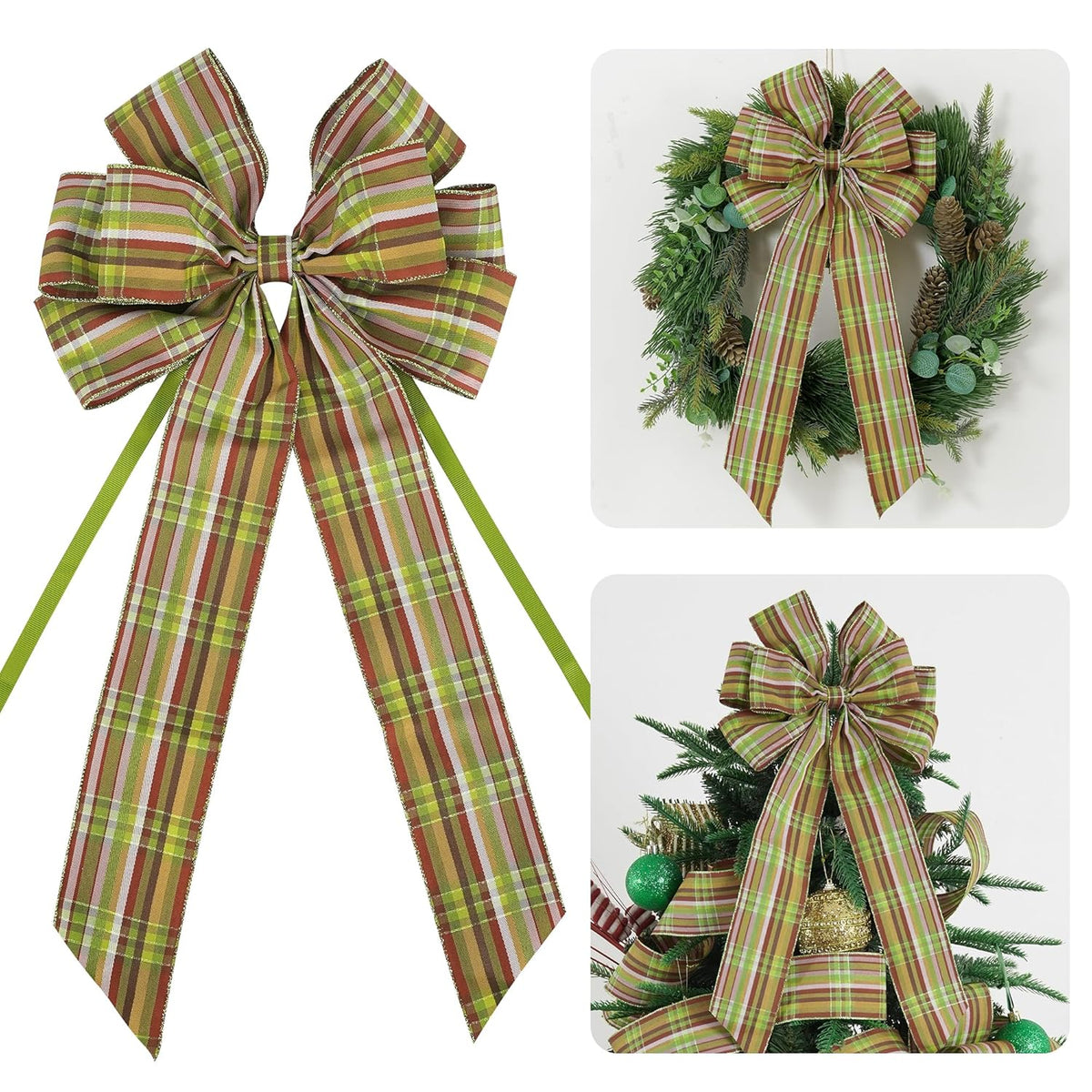 Christmas Tree Bows 10×20'' Fall Plaid Bows For Gift Wrapping Green Wreath Bows With Wire Edge Premade Gift Bows For Craft Present Fireplace Holiday Christmas Autumn Decorations, 2 Pcs