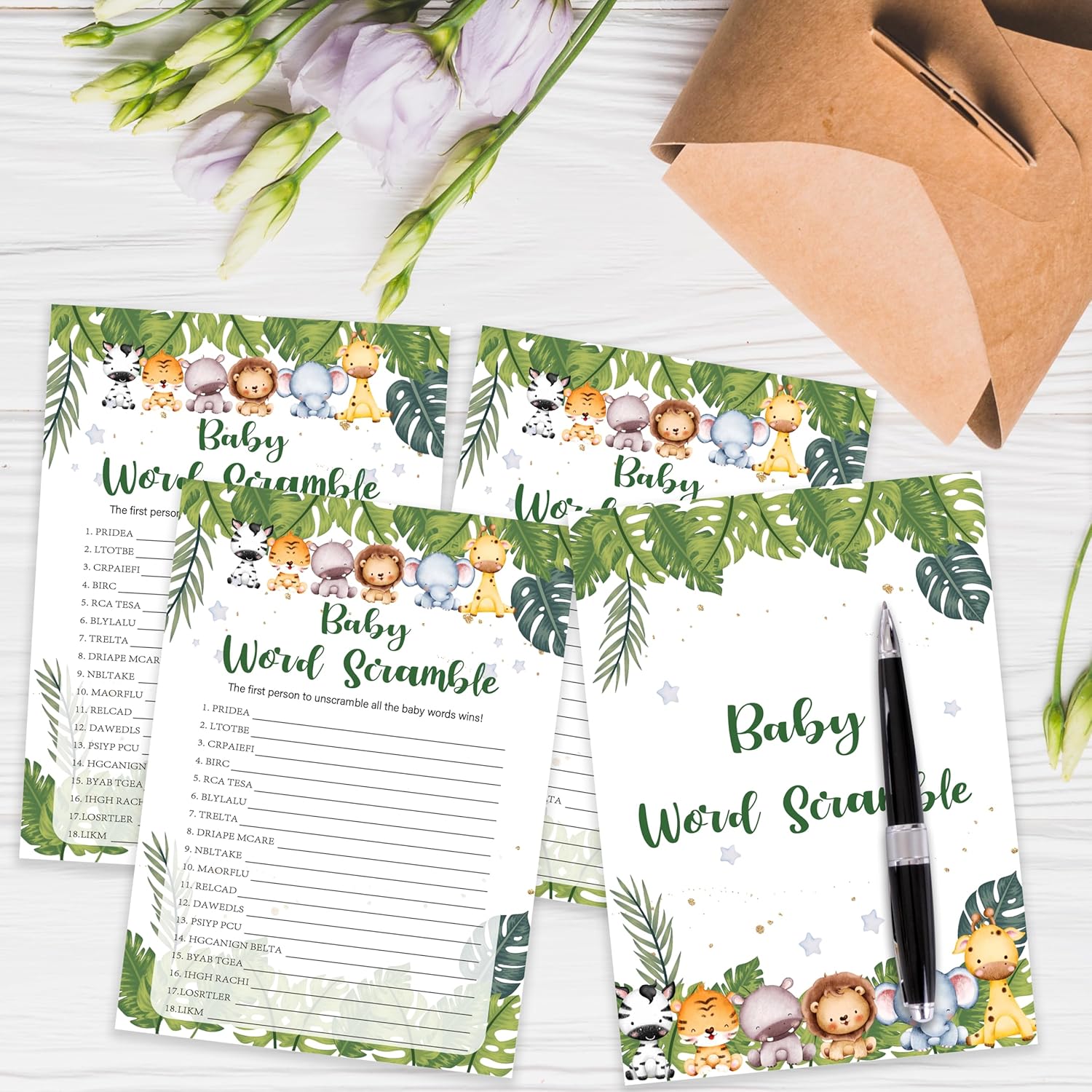 Safari Animals Baby Shower Games Cards, Baby Word Scramble Game Cards For New Parents Babyshower Activity, Wildlife Gender Reveal Party Games For Decorations Favors Supplies, Set Of 25-04