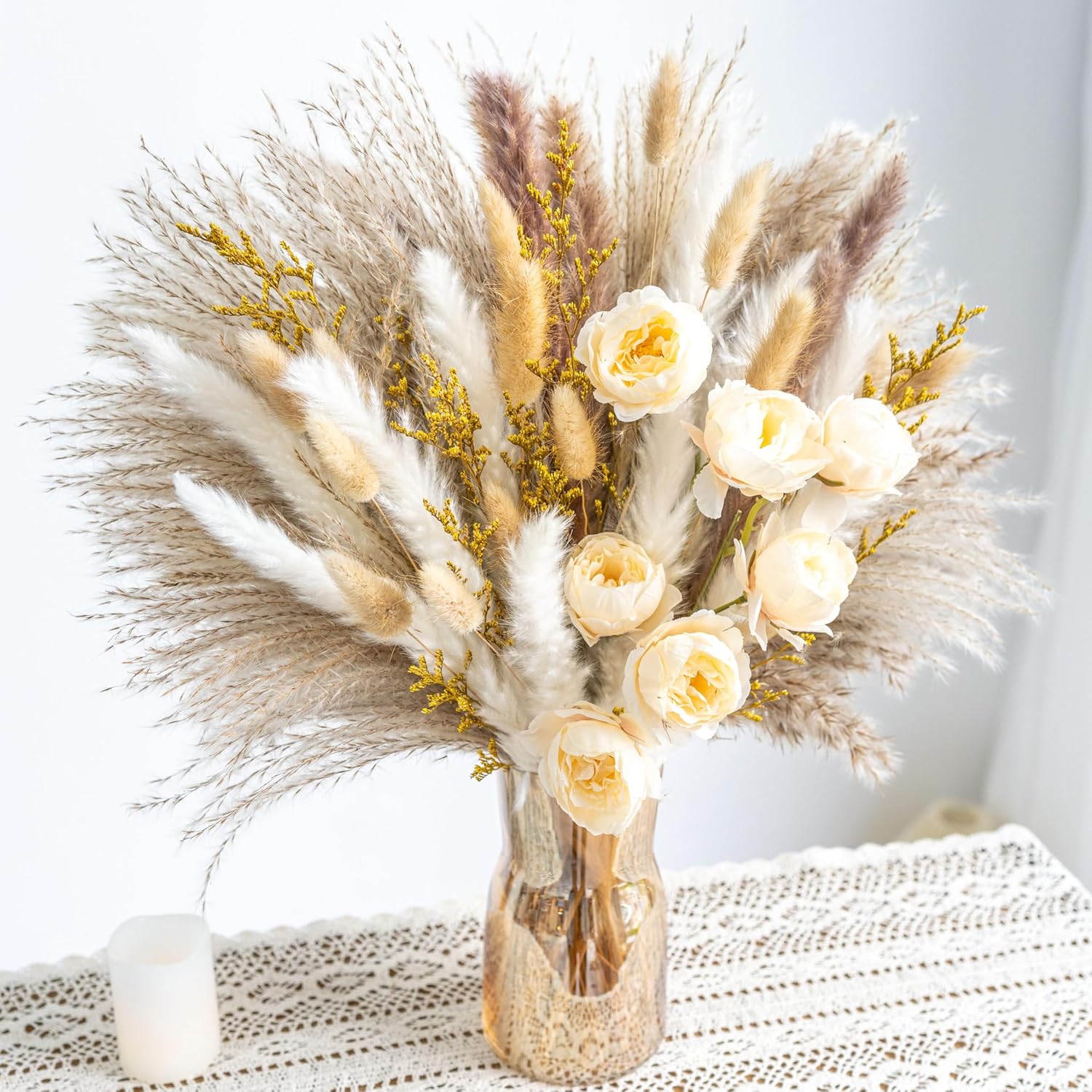 Boho Decor Bouquet - Artificial Flowers And Pampas Grass Decor Kit,Mix Dried Flower Arrangement Bunny Tail Home Table Rustic Farmhouse Bedroom Decor