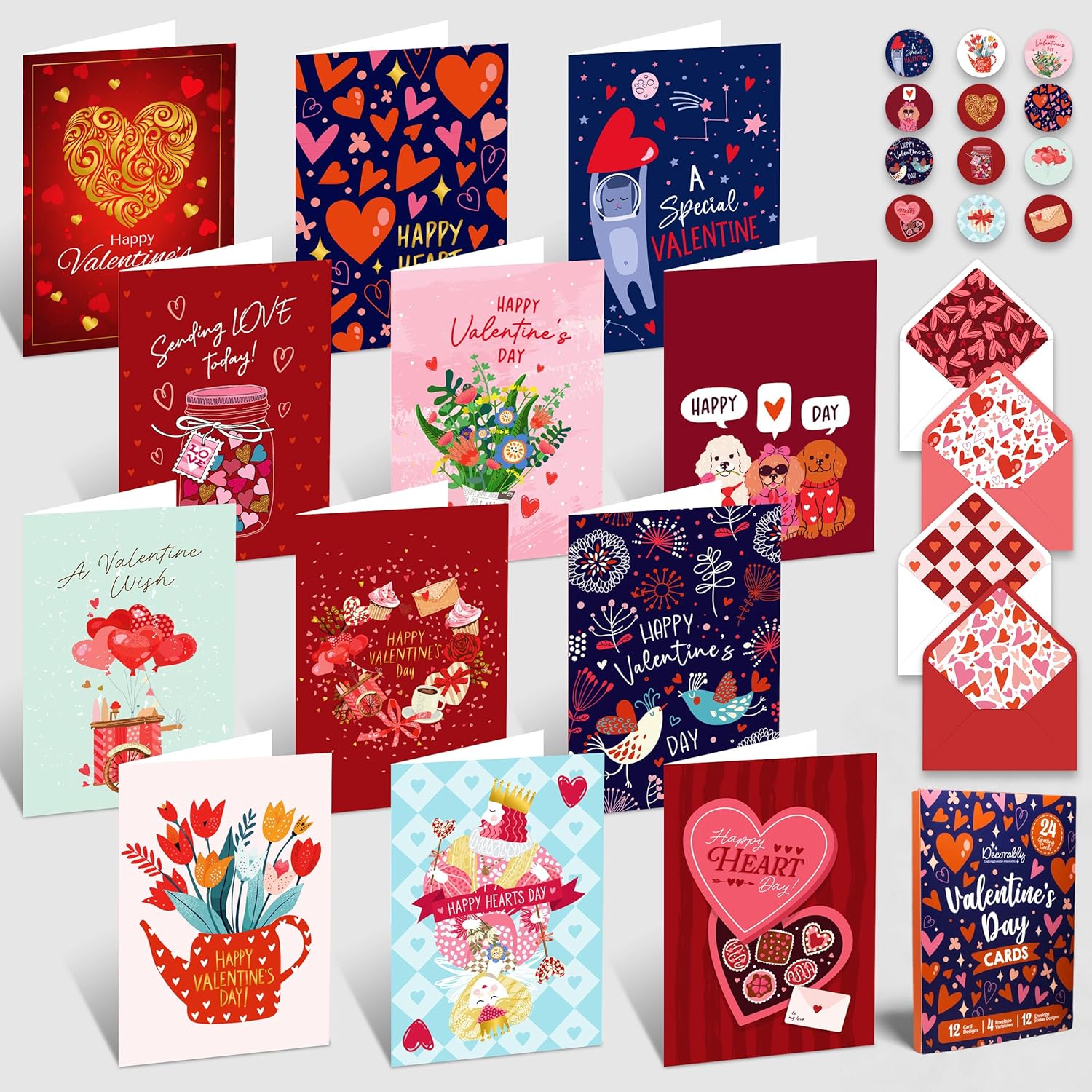24 Pack 4X6In Valentine Cards For Adults & Kids With Envelopes And Stickers, 12 Assorted Designs Multipack For Family, Friends & Loved Ones, Printed Message - Hearts' Day, Gifting, Mailing
