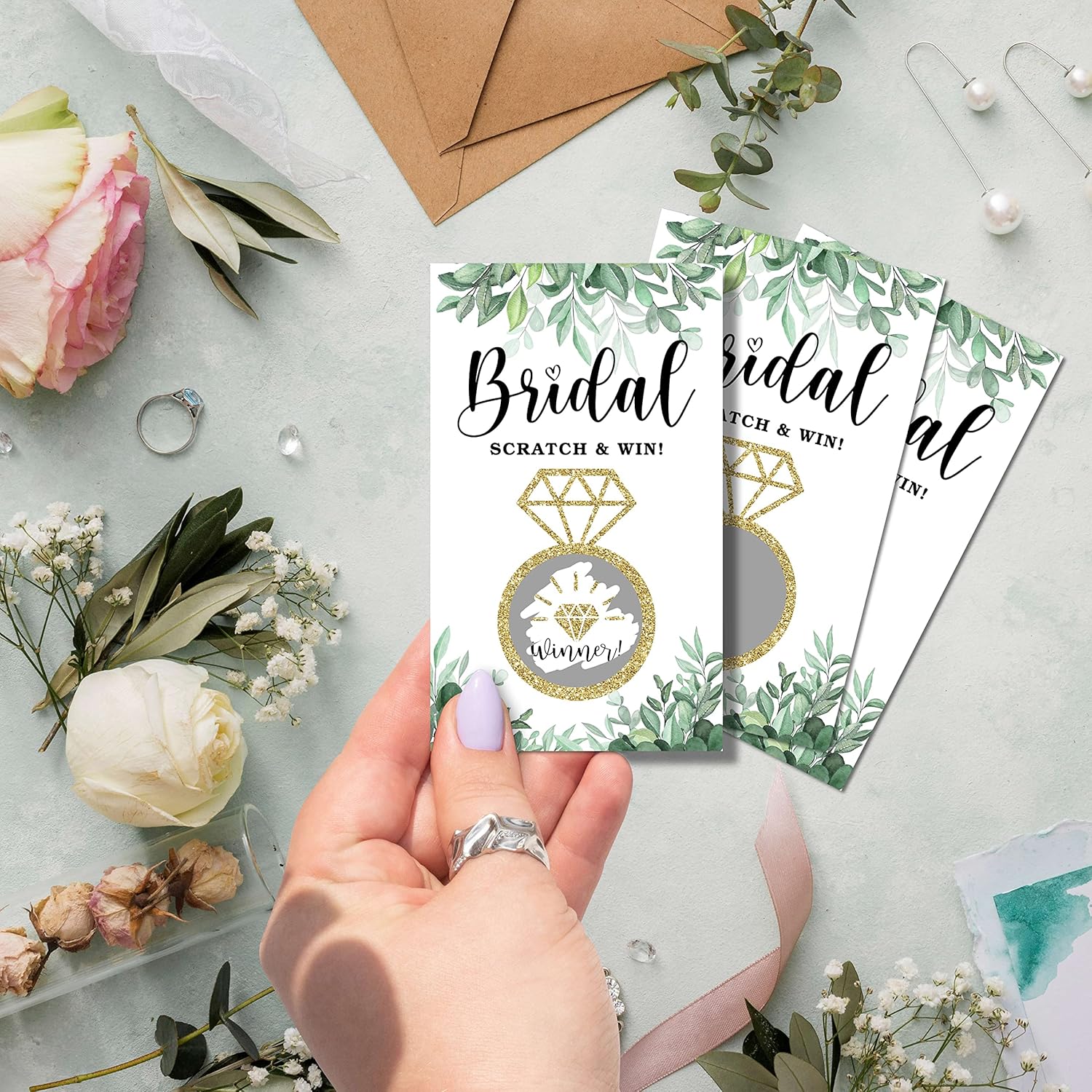Bridal Shower Scratch Off Game Cards, Neutral Greenery Bridal Raffle Lottery Tickets, Eucalyptus Scratch Off Game For Wedding, Engagement/Bachelorette Party Supplies Decorations (50 Pack)-08