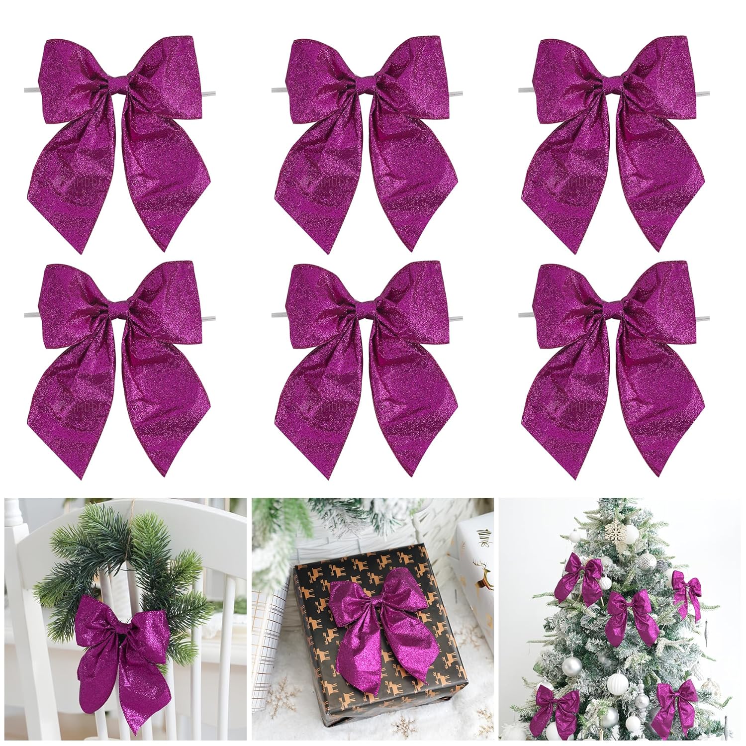 Purple Glitter Wired Ribbon Bows With Twist Tie 5.5" Premade Metallic Christmas Bows For Gift Wrapping, Wreath, Garland, Holiday Crafts Party Home Outdoor Christmas Tree Decorations, 12 Pcs