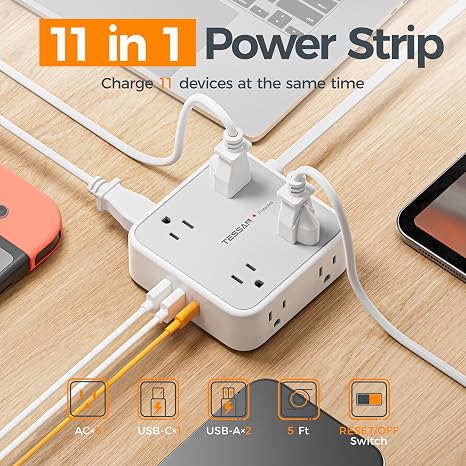 Surge Protector Power Strip 8 Outlets 3 USB Ports 1 USB C 5FT Flat Plug Extension Cord 900J Grey
