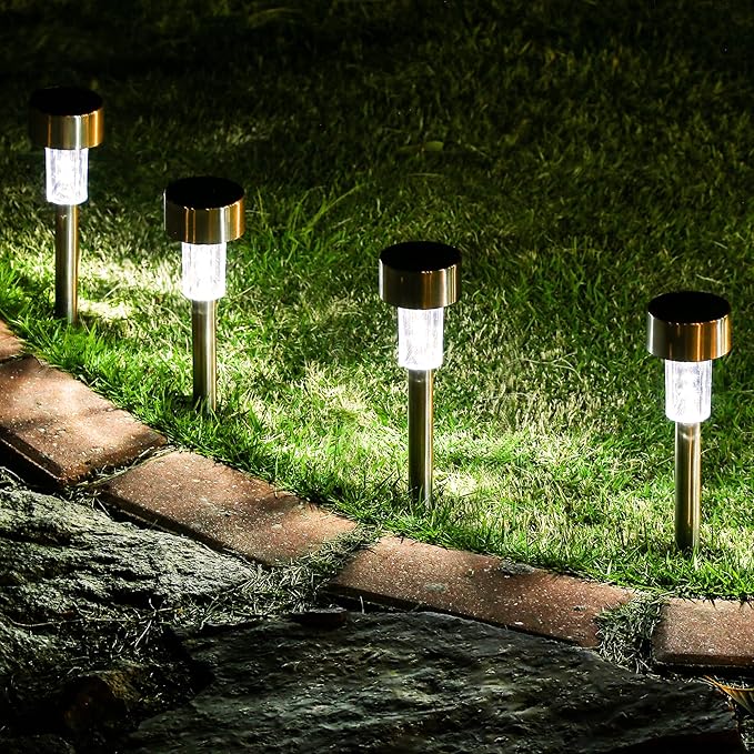 16 Pack Stainless Steel Solar Garden Lights Waterproof Cold White Landscape Pathway Lights