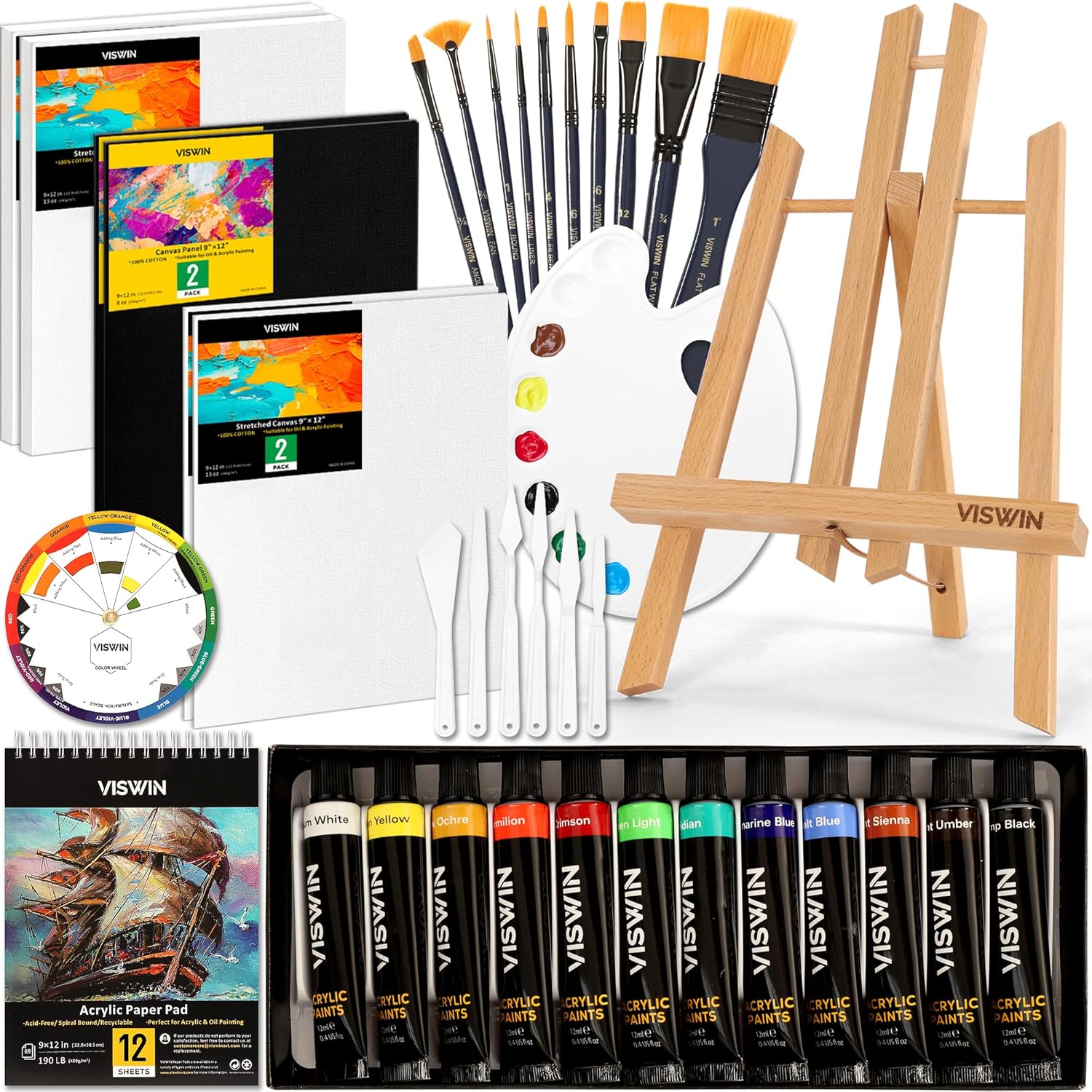51 Pcs Acrylic Paint Set With Tabletop Easel, Painting Kit With 12 Acrylic Paints, Canvases, Brushes, Palette, Paper Pad, Art Supplies, Ideal Gift For Adults, Kids, Artists, Students