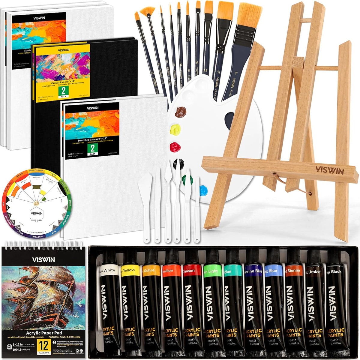 51 Pcs Acrylic Paint Set With Tabletop Easel, Painting Kit With 12 Acrylic Paints, Canvases, Brushes, Palette, Paper Pad, Art Supplies, Ideal Gift For Adults, Kids, Artists, Students