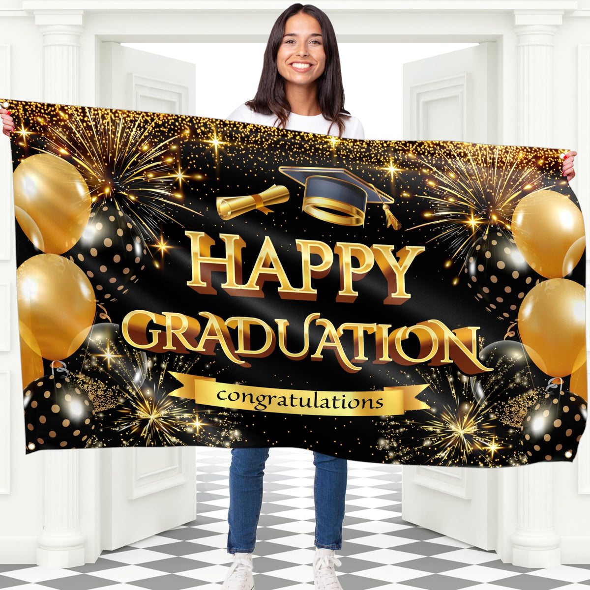 Happy Graduation Banner for Prom - Congratulations Banner - Congratulations Decorations - Well Done - We Are So Proud of You - 5x3ft (Black & Gold)
