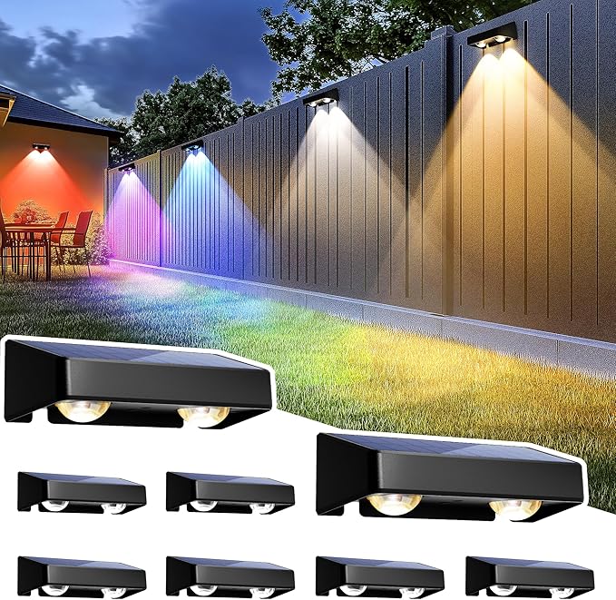 8 Pack Solar Fence Lights IP65 Waterproof 9 Colors Color Changing LED Deck Lights
