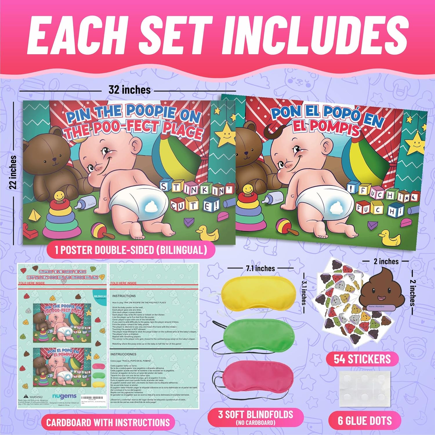 Baby Shower Games Pin The Poopie.Bilingual English/Spanish.Original Funny Hilarious Party Game. Baby Sprinkle Games.