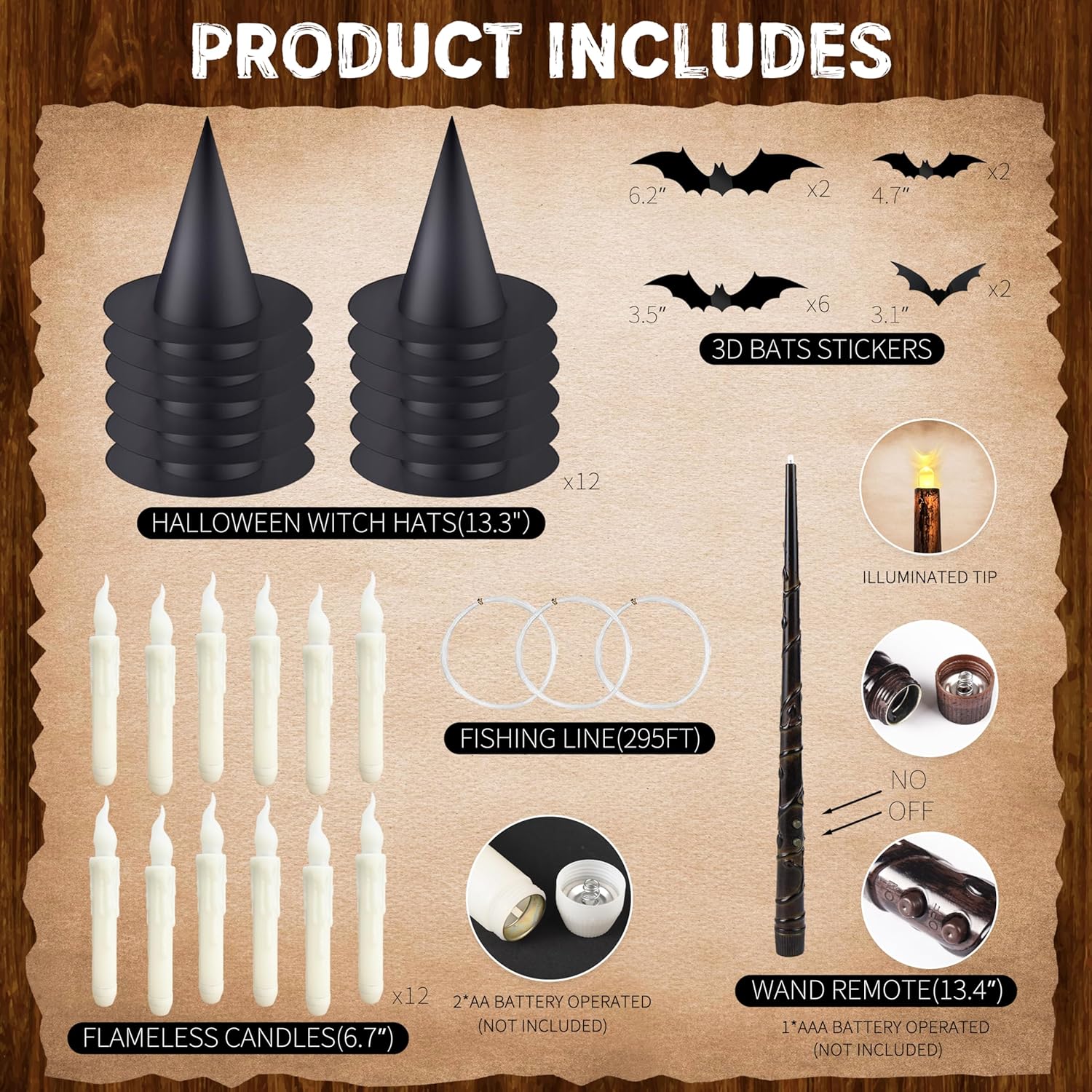 Floating Candles With Wand, 12Pcs Magic Hanging Candles, Floating Light Up Witch Hats With Flameless Candle With Wand Remote, Witch Hat 3D Bats Wall Stickers Decorations For Halloween Party