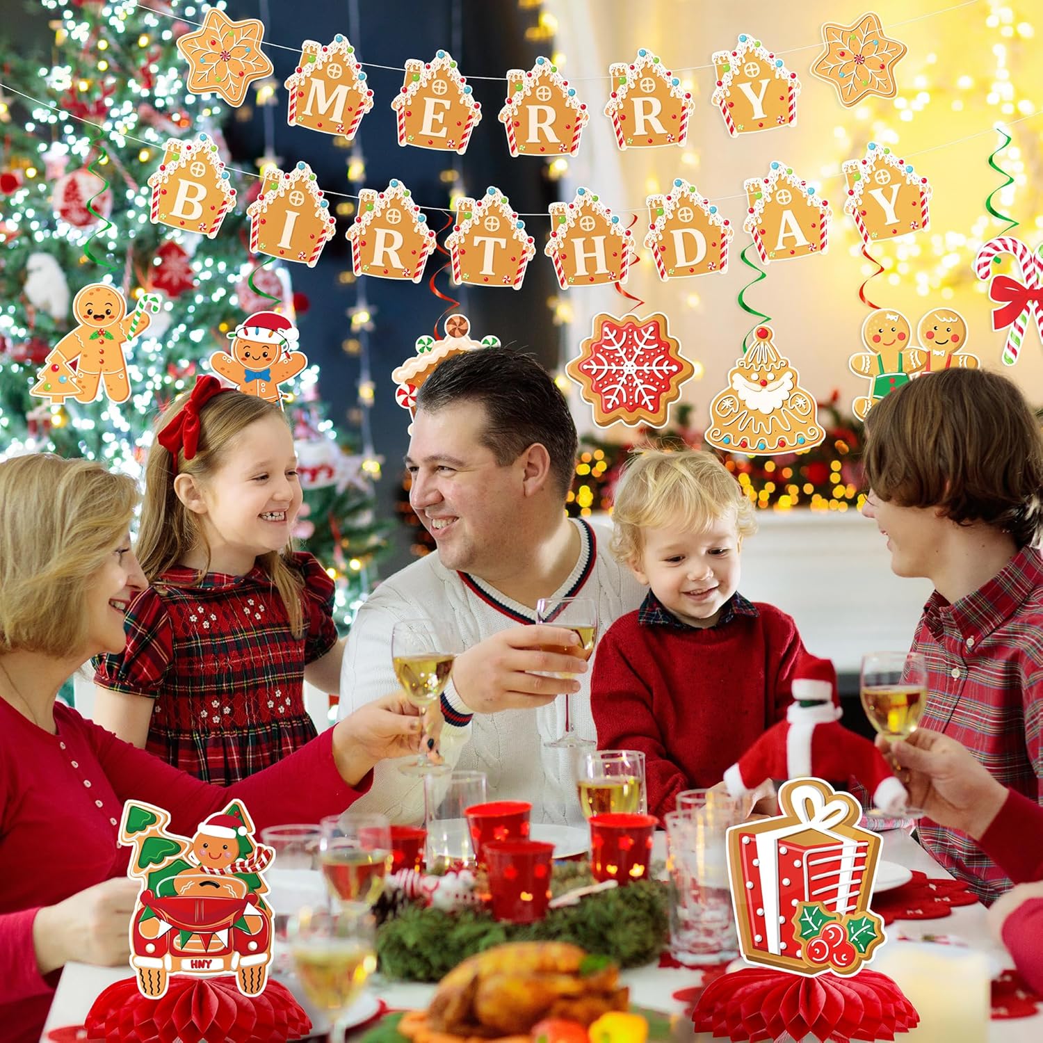 Gingerbread Merry Birthday Decorations - Christmas Party Banner Set 14Pcs Candy House Gold Banners Ceiling Hanging Swirls Honeycomb Centerpieces Xmas Supplies For Winter Holiday Table Decor