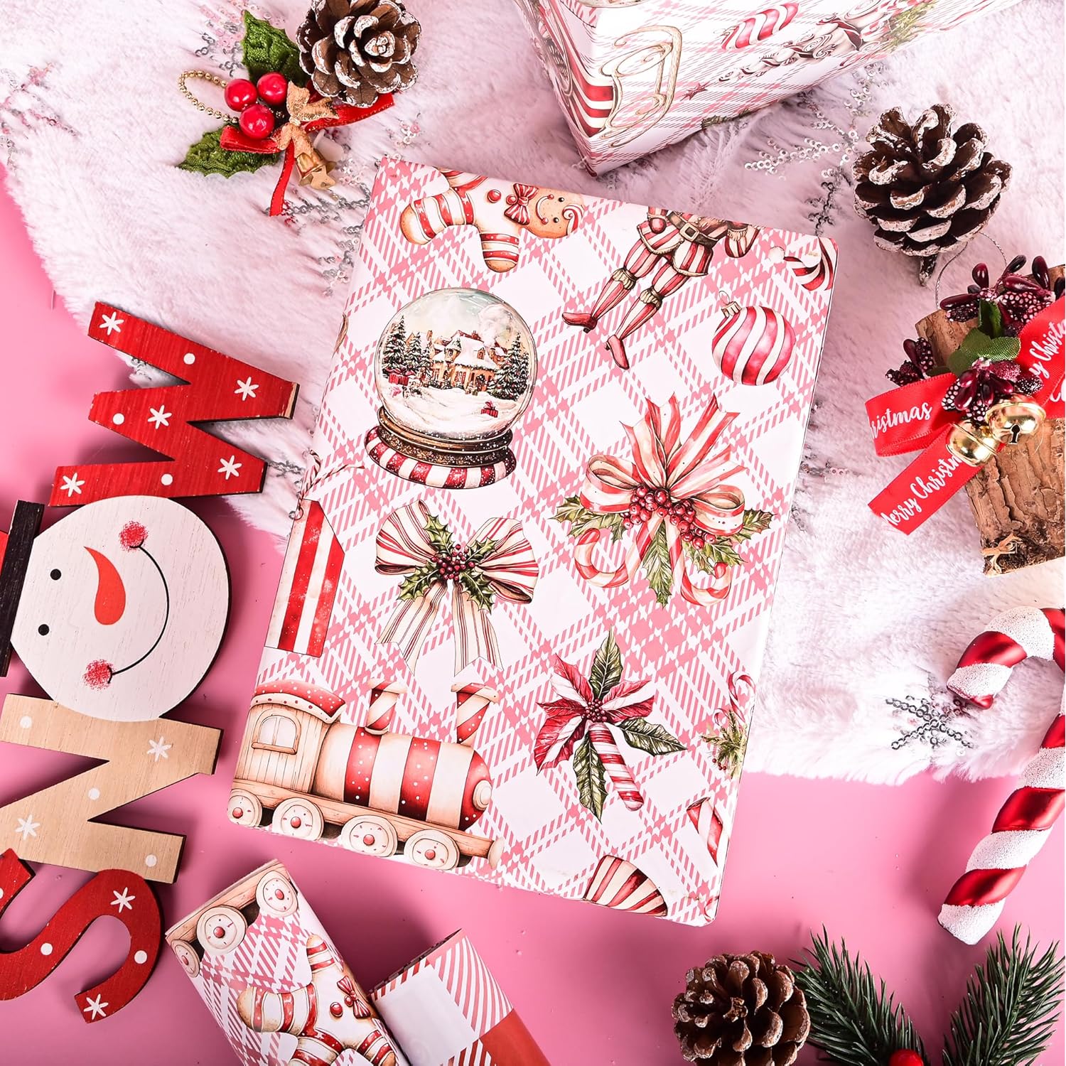 Candy Cane Christmas Wrapping Paper Roll For Kids Girls Women - Red Plaid Bow Design Gift Wrap For Holiday Total 28.5Sq.Ft