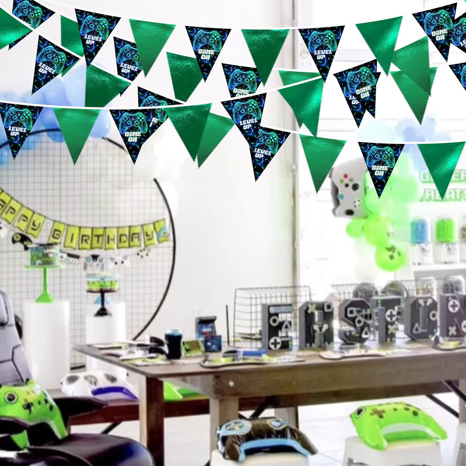 32Ft Video Game On Party Decorations Metallic Green Blue Black Gaming Fabric Pennant Banner Triangle Flag Garland Streamer For Gamer Birthday Video Game Baby Shower Outdoor Gaming Party Supplies