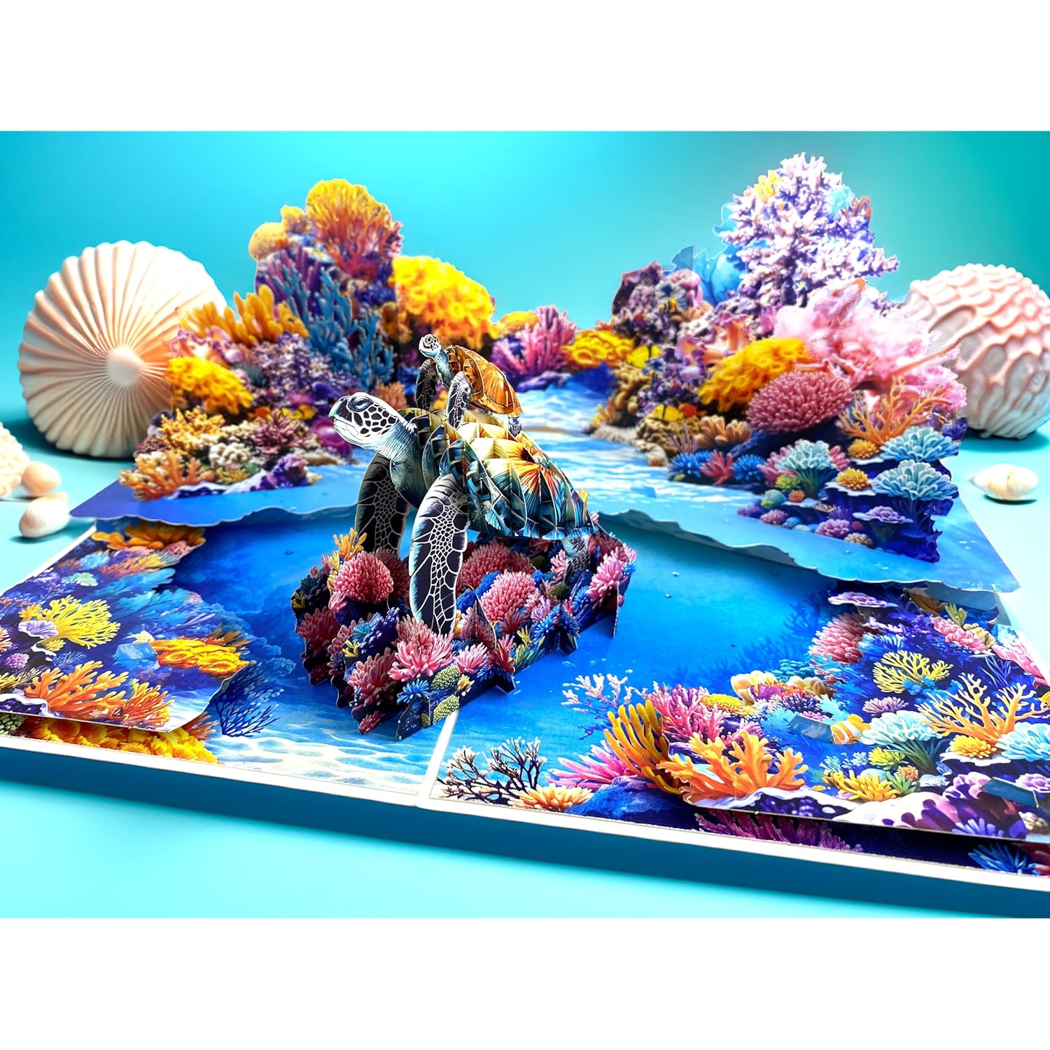 3D Pop Up Greeting Card – Handmade Sea Turtle With Baby Card – Ocean Coral Reef Scene – Mother & Baby Turtle 3D Card For Birthday, Retirement, Nature & Ocean Lovers